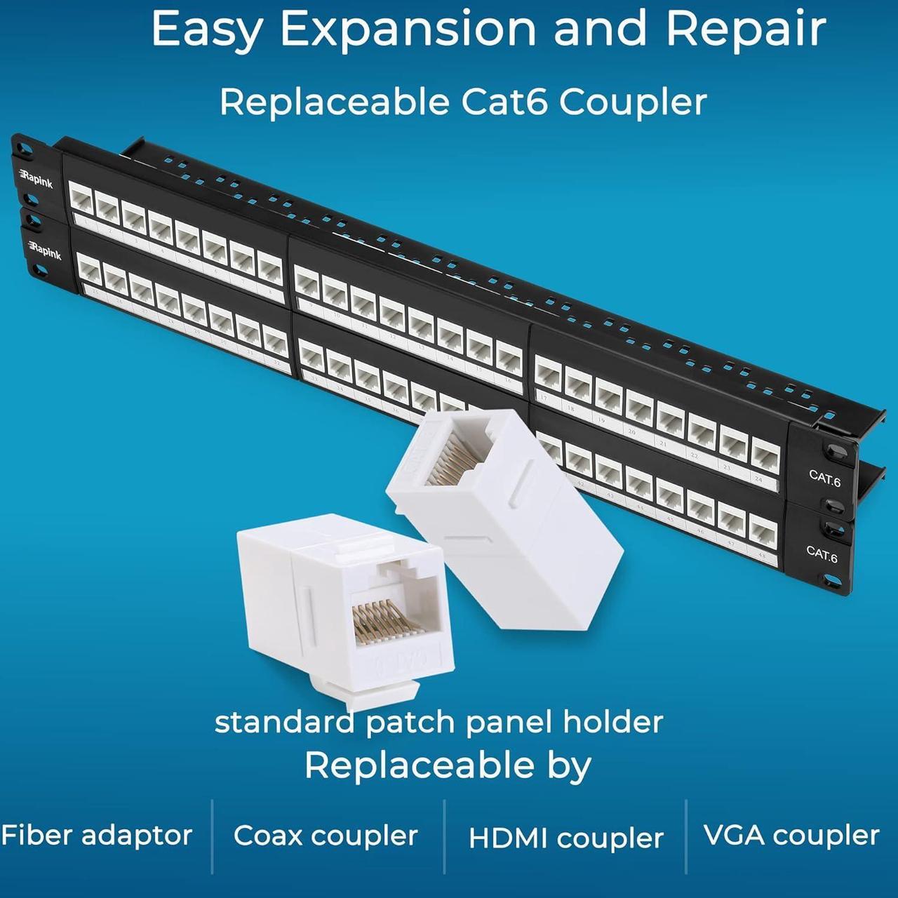 Alt view image 3 of 6 - Patch Panel 48 Port Cat6 with White Inline Keystone 10G Support, Pass-Thru Coupler Patch Panel UTP 19-Inch with Removable Back Bar, 1U Network Patch Panel for Cat6, Cat5e, Cat5 Cabling