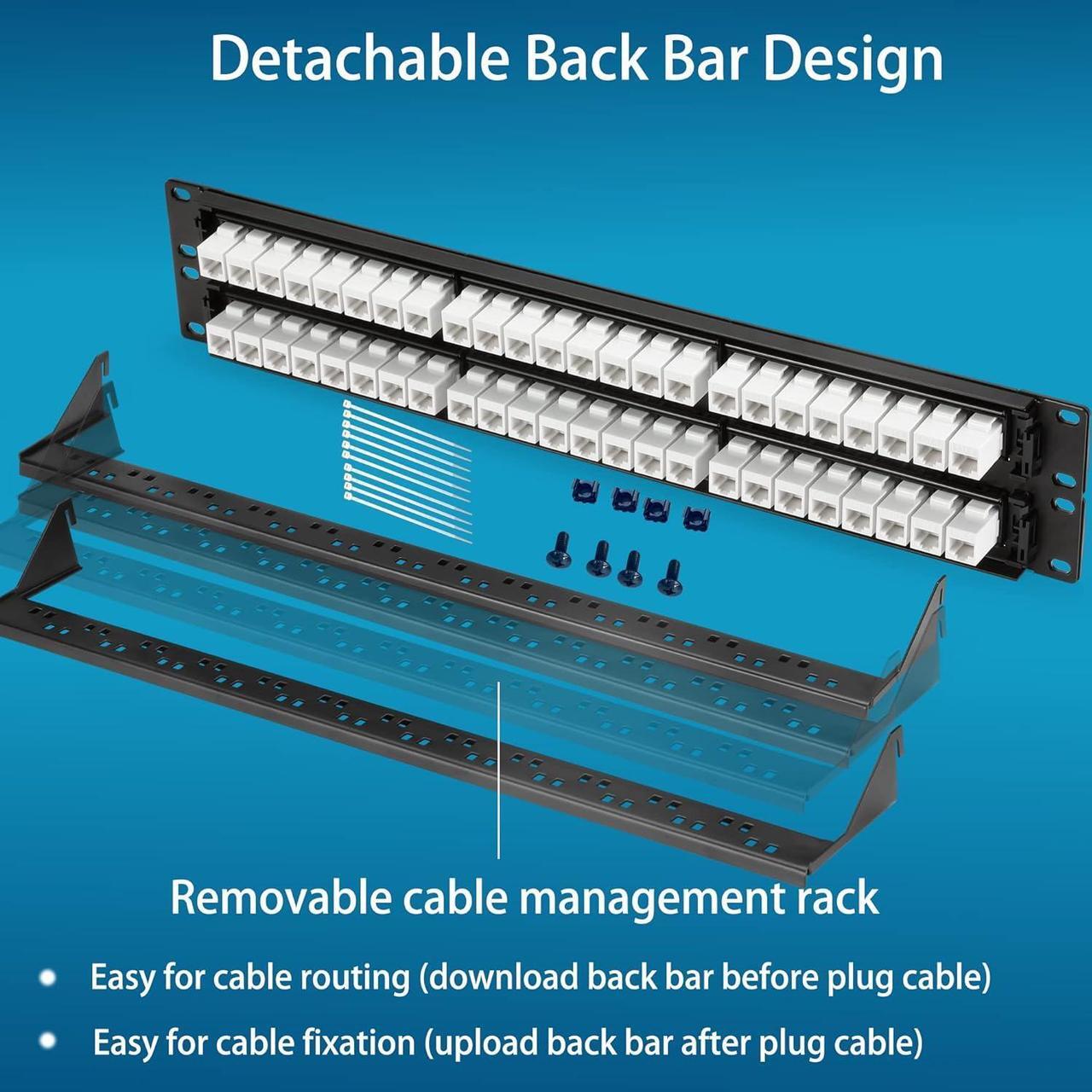 Alt view image 5 of 6 - Patch Panel 48 Port Cat6 with White Inline Keystone 10G Support, Pass-Thru Coupler Patch Panel UTP 19-Inch with Removable Back Bar, 1U Network Patch Panel for Cat6, Cat5e, Cat5 Cabling