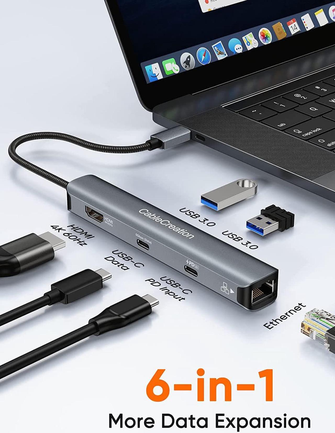 Alt view image 2 of 7 - CableCreation 6-in-1 USB-C Hub/Multiport Adapter with 4K 60HZ HDMI, USB C Data Port, 1Gbps Ethernet, 100W Power Delivery, 2 USB 3.0 Port, for MacBook Pro Air M1, iPad Pro Air 2022-2018, XPS