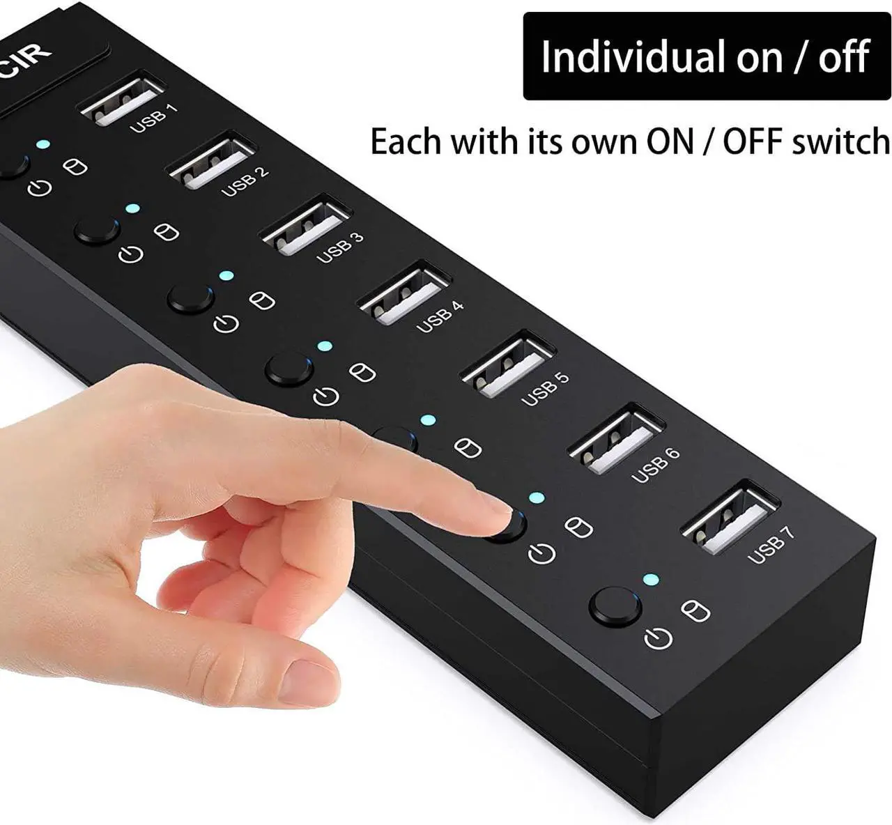 Alt view image 3 of 6 - Mfcir Powered USB Hub 7-Port USB Data 2.0 Hub Multi Port USB Splitter with Individual On/Off Switches and 5V/2A Power Adapter Charging USB Extension Multiple for MacBook,Laptop,PC,Computer