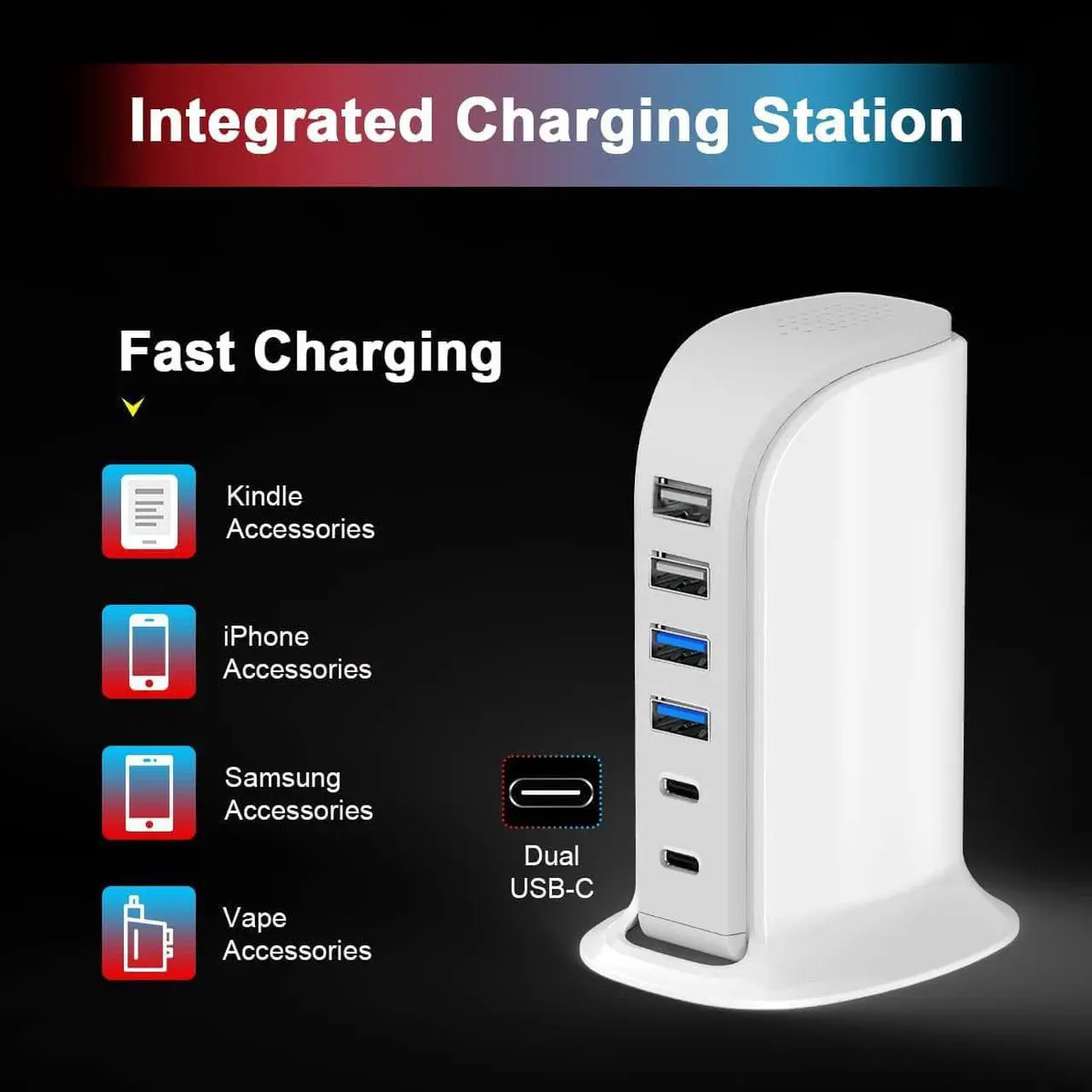 Alt view image 2 of 7 - USB Charger Block Upoy, Charging Station for Multiple Devices 45W, Fast Charging Tower with Dual Type C Ports, USB Charging Hub Organizer Multiport for iPhone, Ipad, Kindle, Travel Accessories