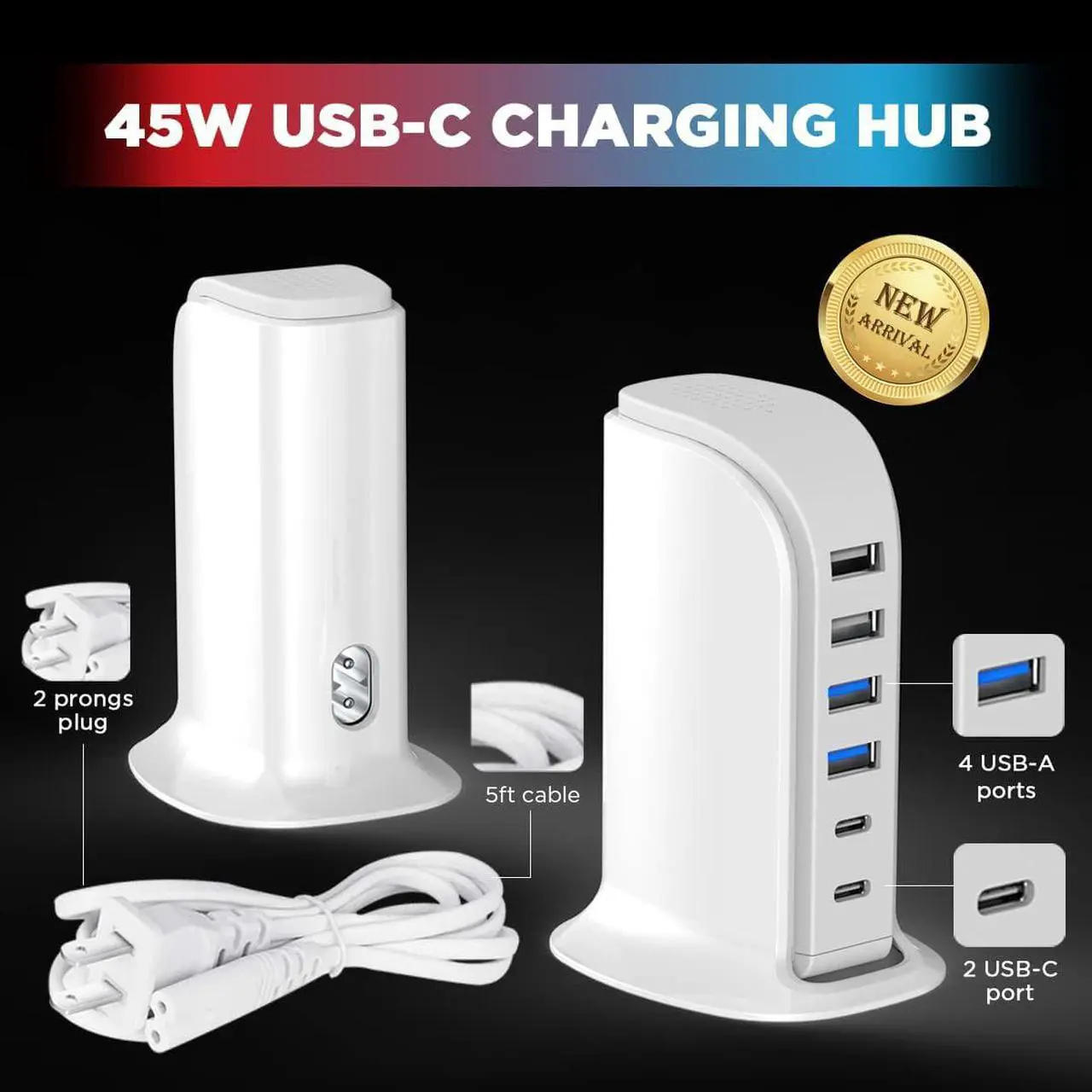 Alt view image 3 of 7 - USB Charger Block Upoy, Charging Station for Multiple Devices 45W, Fast Charging Tower with Dual Type C Ports, USB Charging Hub Organizer Multiport for iPhone, Ipad, Kindle, Travel Accessories