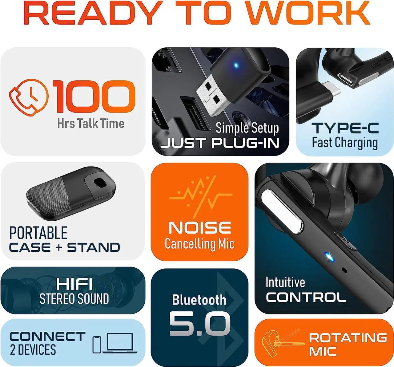 Alt view image 3 of 7 - Ultralight Bluetooth Headset with Noise Cancelling Microphone Business Wireless Headphones with Mic Auto-Pair USB Dongle for PC/Laptop Handsfree Mute & Volume Buttons for Meet|Skype|Zoom|Teams