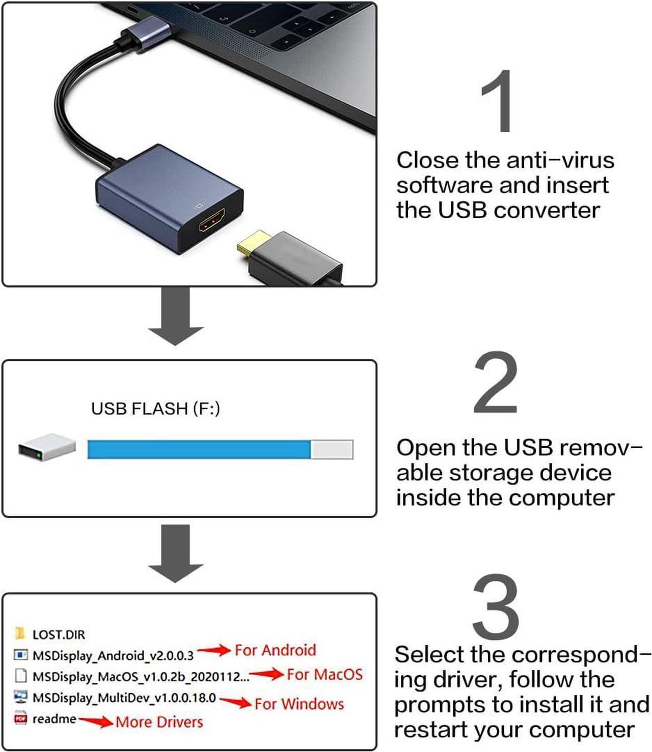 Alt view image 6 of 7 - USB to HDMI Adapter USB 3.0/2.0 to HDMI for Multiple Monitors 1080P Compatible with Windows XP/7/8/10/11-Dark Grey
