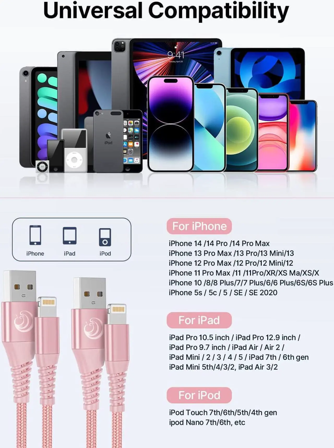 Alt view image 7 of 7 - iPhone Charger 10 ft 2Pack ( Certified) Lightning Cable 10 Foot Nylon Braided Fast Charging Extra Long 10ft iPhone Cord Compatible with iPhone 13 12 11 XS XR 10 8 7 6 Plus - Pink