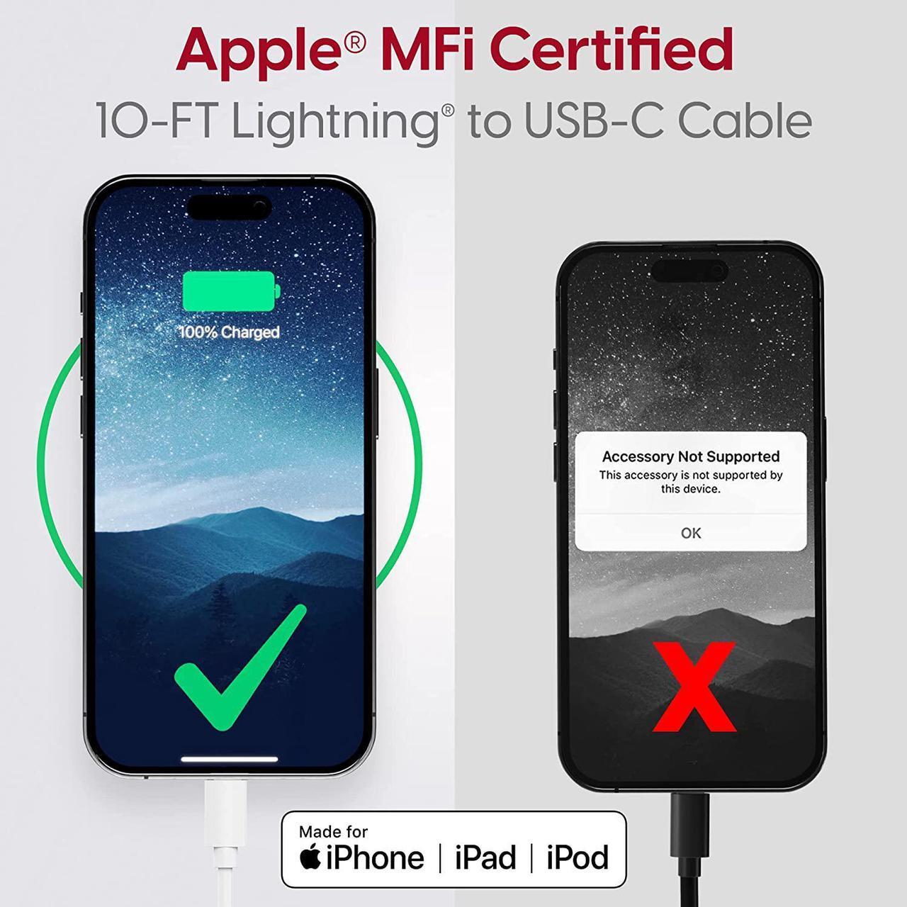 Alt view image 2 of 7 - TalkWorks Fast-Charge USB C to Lightning Cable MFi-Certified for Apple iPhone 14, 13, 12, 11 Mini/Plus/Pro/Max, XR, XS/Max, X, 8, 7, 6, 5, SE, iPad, AirPods, Watch - 10ft Long, Heavy-Duty Cord, White