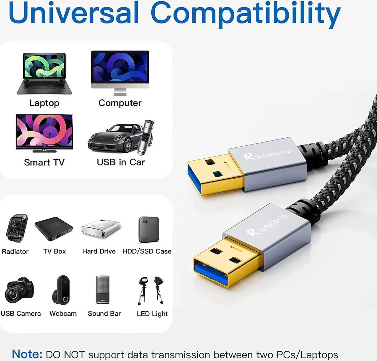 Alt view image 5 of 6 - USB to USB Cable 3 ft USB 3.0 Male to Male Type A to A Double Sided USB Cord for Data Transfer Hard Drive Laptop DVD TV USB Hub and More