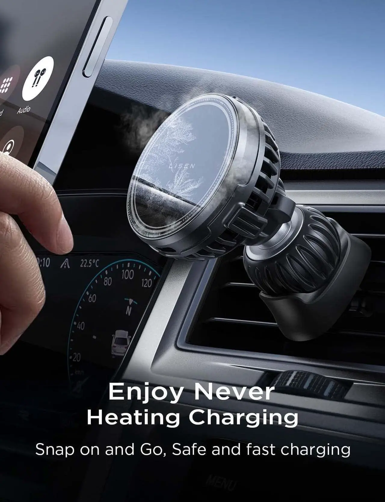 Alt view image 6 of 7 - LISEN for 15w MagSafe Car Mount Charger - [Fastest Cooling Charger] Magnetic Phone Wireless Charging Mount for iPhone 16/15/14/13/12 Pro Max/Plus/Mini - Ice Cooler Magnetic Phone Holder, Black