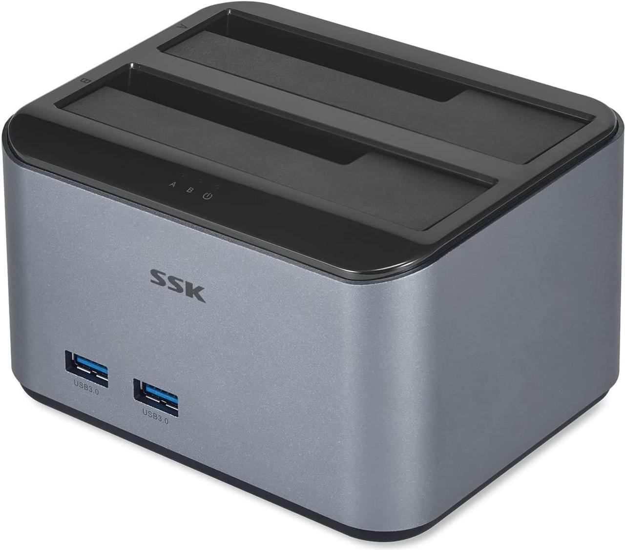 Hard Drive Dock SSK USB 3.0 to SATA I/II/III Dual Bay Aluminum External Hard Drive Docking Station for 2.5 3.5 inch SATA HDD SSD Support UASP, 2x16TB + 2 USB3.0 Ports (Not Support Offline Clone)