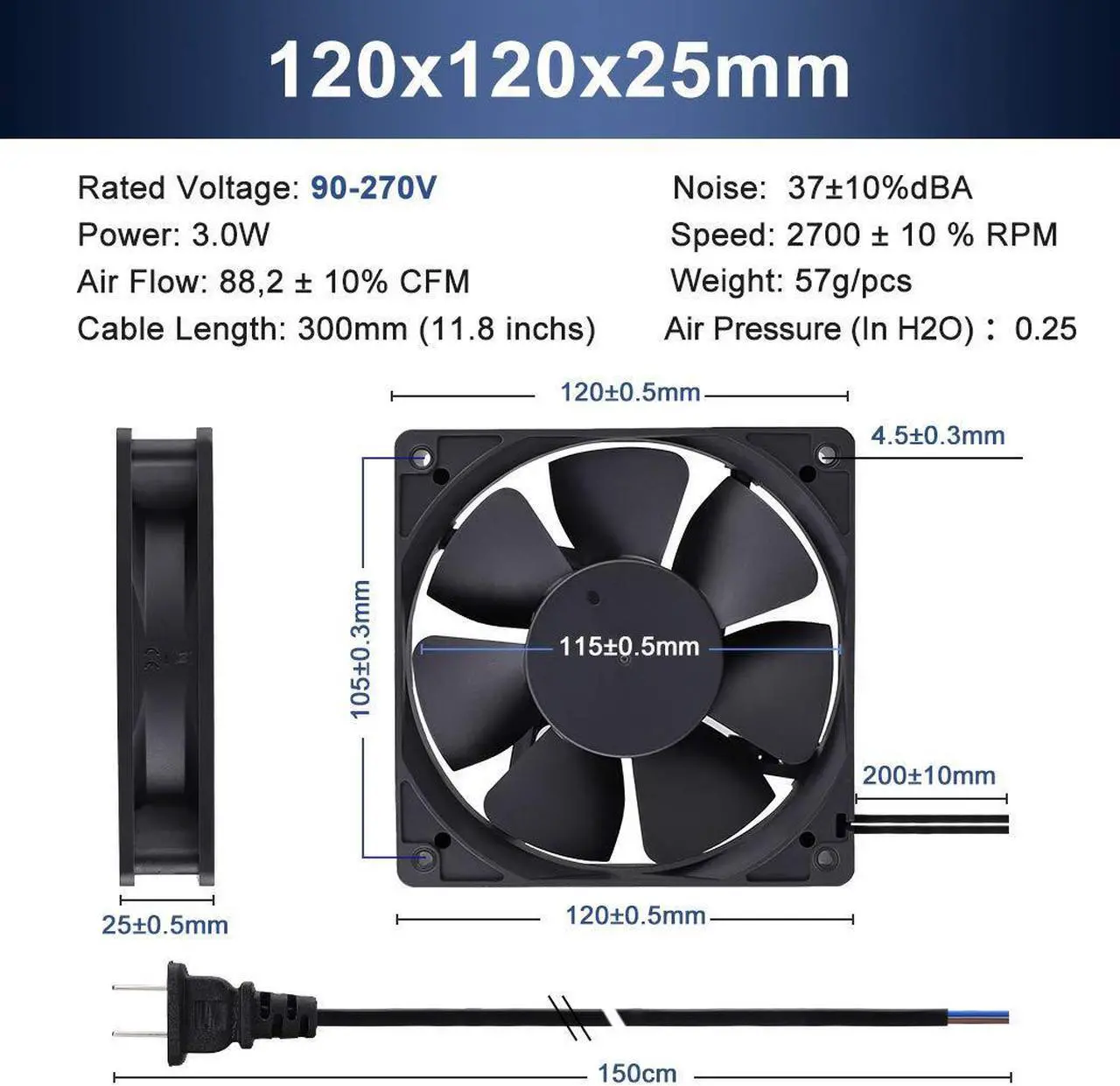 Alt view image 2 of 7 - Wathai EC 120mm x 25mm Ball DIY Cooling Ventilation Exhaust Fan 110V 115V 120V 220V 240V AC Axial Case Muffin Fan