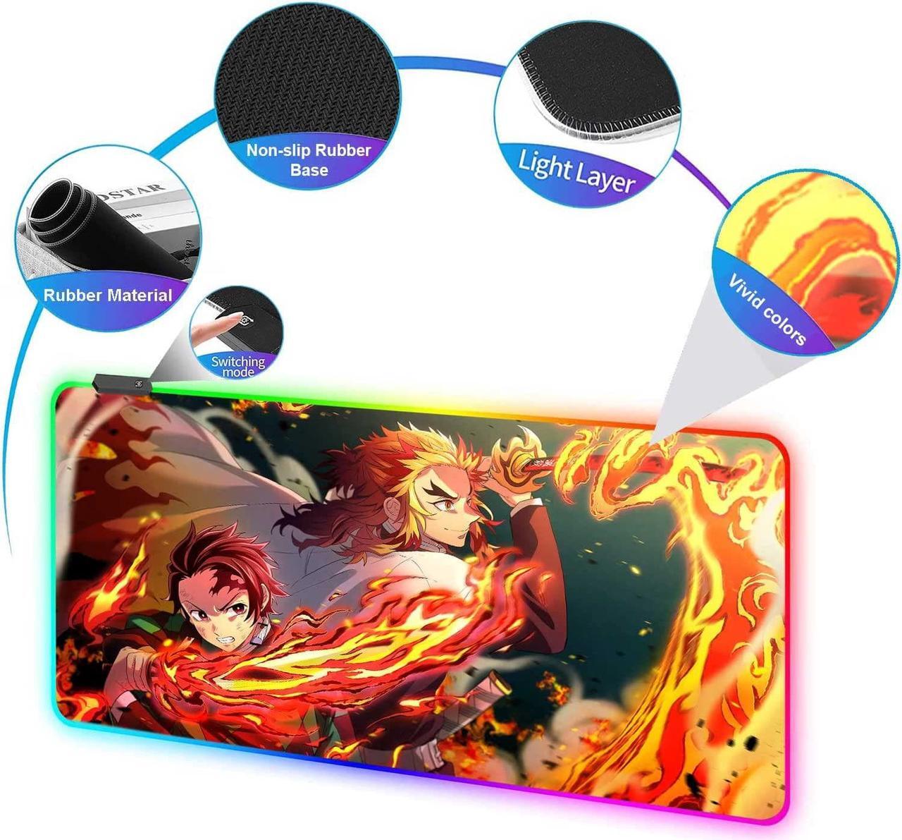 Alt view image 2 of 7 - RGB Anime Mouse Pad Tanjiro and Rengoku Sword Custom Mousepad with LED Light Edges & Non-Slip Rubber Base Laptop Desk Pad Computer Keyboard and Mice Pads Mat 31.5X15.7