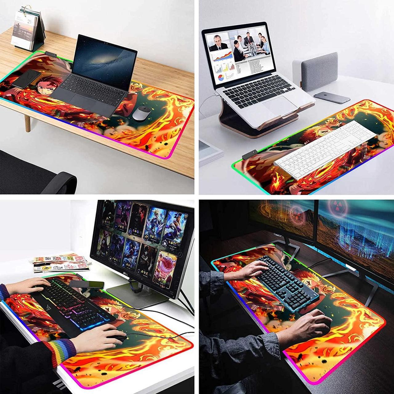 Alt view image 5 of 7 - RGB Anime Mouse Pad Tanjiro and Rengoku Sword Custom Mousepad with LED Light Edges & Non-Slip Rubber Base Laptop Desk Pad Computer Keyboard and Mice Pads Mat 31.5X15.7