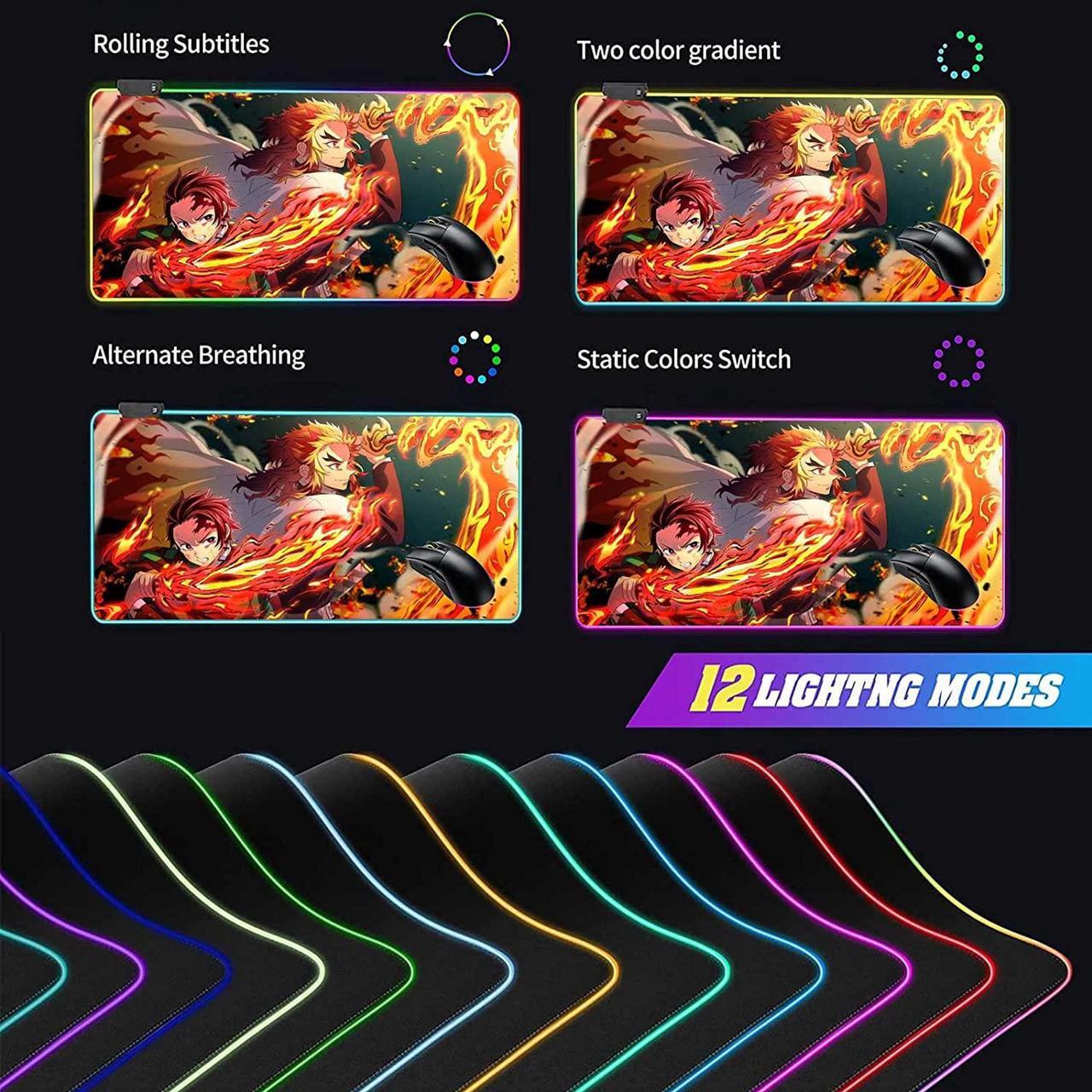 Alt view image 6 of 7 - RGB Anime Mouse Pad Tanjiro and Rengoku Sword Custom Mousepad with LED Light Edges & Non-Slip Rubber Base Laptop Desk Pad Computer Keyboard and Mice Pads Mat 31.5X15.7