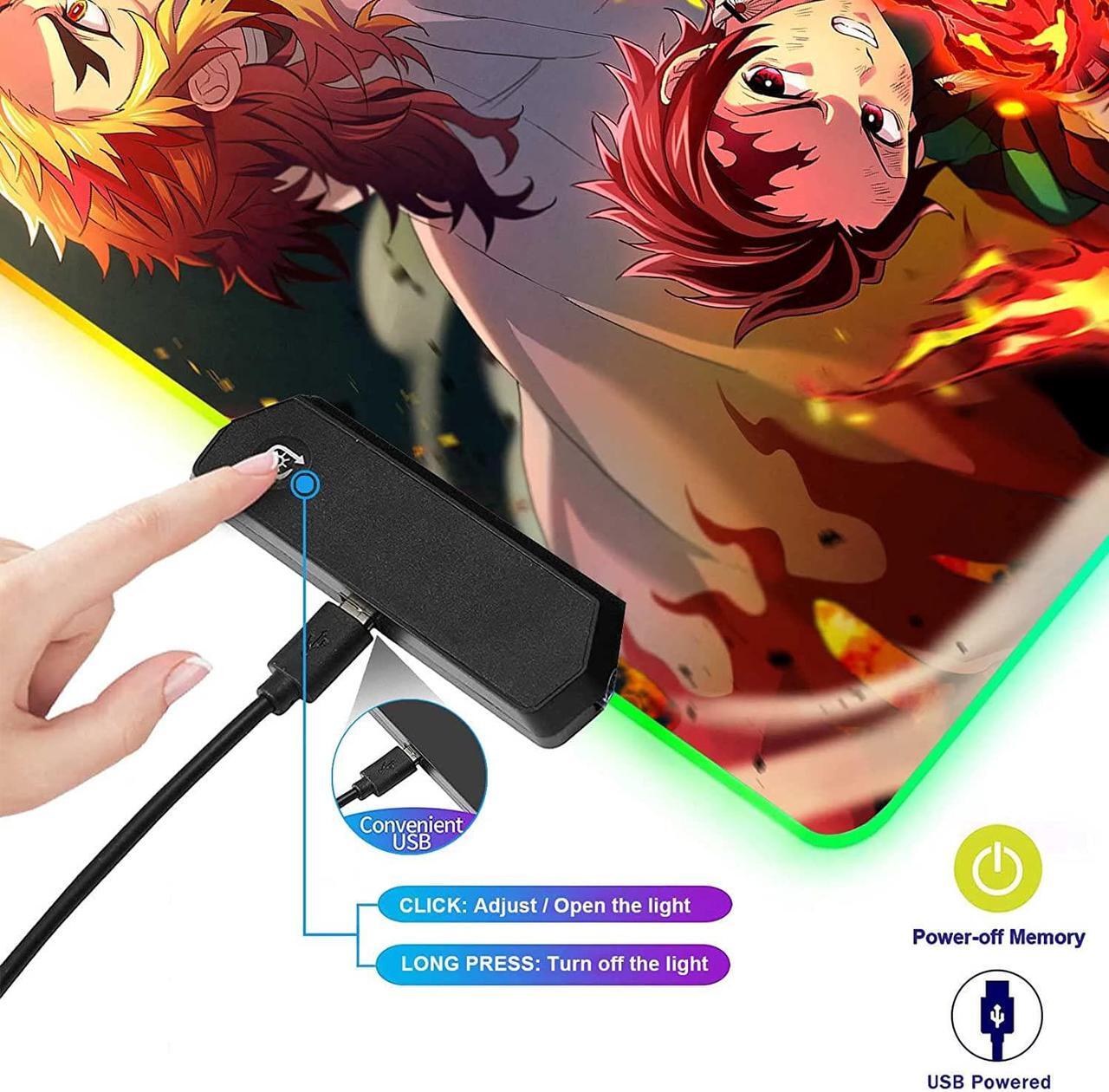 Alt view image 7 of 7 - RGB Anime Mouse Pad Tanjiro and Rengoku Sword Custom Mousepad with LED Light Edges & Non-Slip Rubber Base Laptop Desk Pad Computer Keyboard and Mice Pads Mat 31.5X15.7