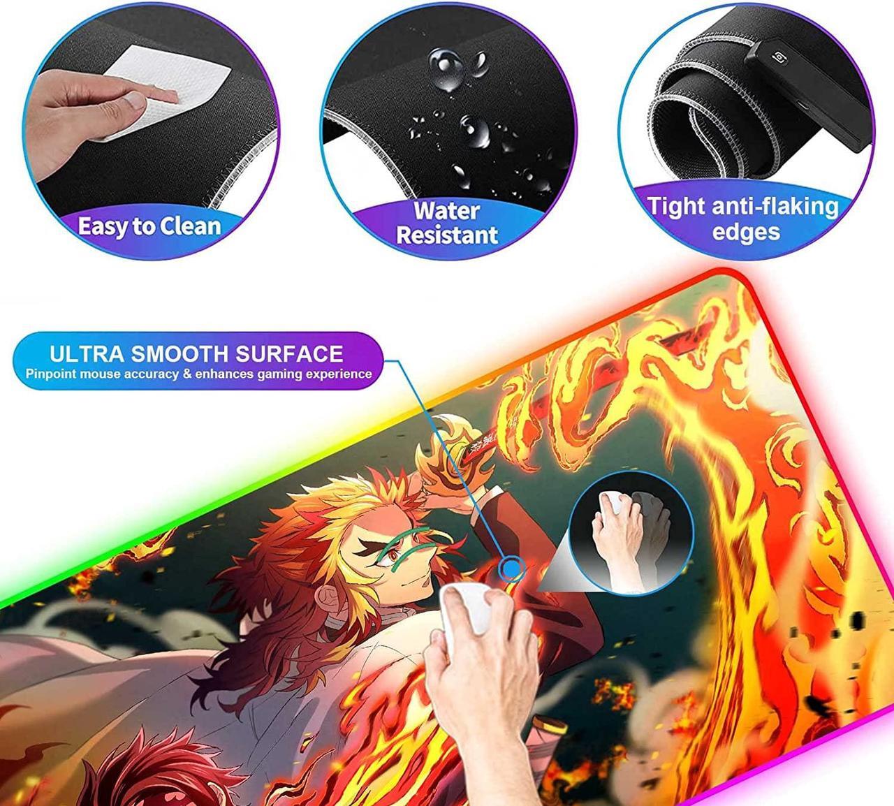 Alt view image 4 of 7 - RGB Anime Mouse Pad Tanjiro and Rengoku Sword Custom Mousepad with LED Light Edges & Non-Slip Rubber Base Laptop Desk Pad Computer Keyboard and Mice Pads Mat 31.5X15.7