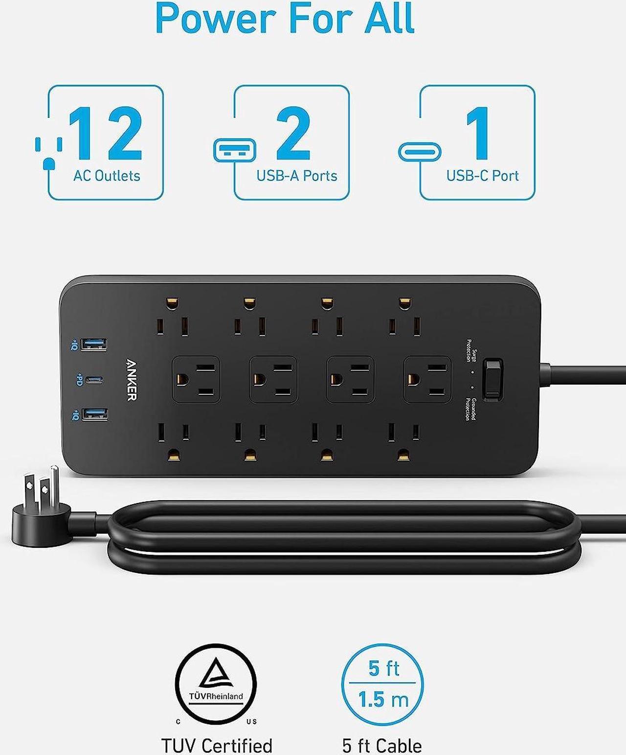 Alt view image 2 of 6 - Anker Power Strip Surge Protector (2100J), 12 Outlets with 2 USB A and 1 USB C Port for Multiple Devices, 5ft Extension Cord, 20W Power Delivery Charging for Home, Office, Dorm Essential, TUV Listed