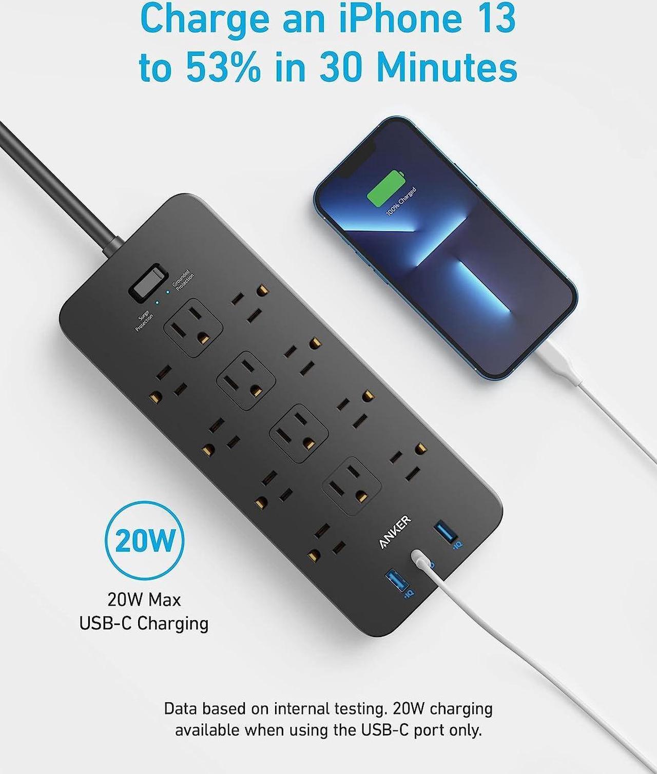 Alt view image 3 of 6 - Anker Power Strip Surge Protector (2100J), 12 Outlets with 2 USB A and 1 USB C Port for Multiple Devices, 5ft Extension Cord, 20W Power Delivery Charging for Home, Office, Dorm Essential, TUV Listed