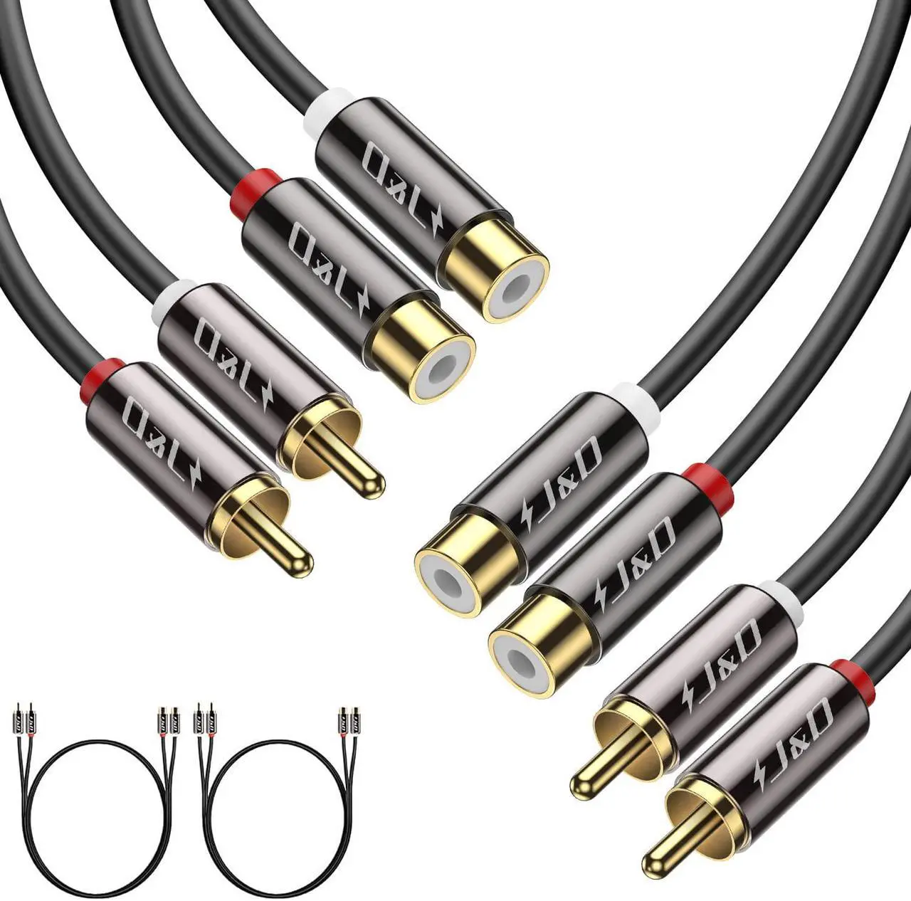 Main image of J&D 2 RCA to 2 RCA Cable, 2-Pack Gold Plated Copper Shell Heavy Duty 2RCA Male to 2RCA Female Stereo Audio Extension Cable, RCA Cable, 6 Feet