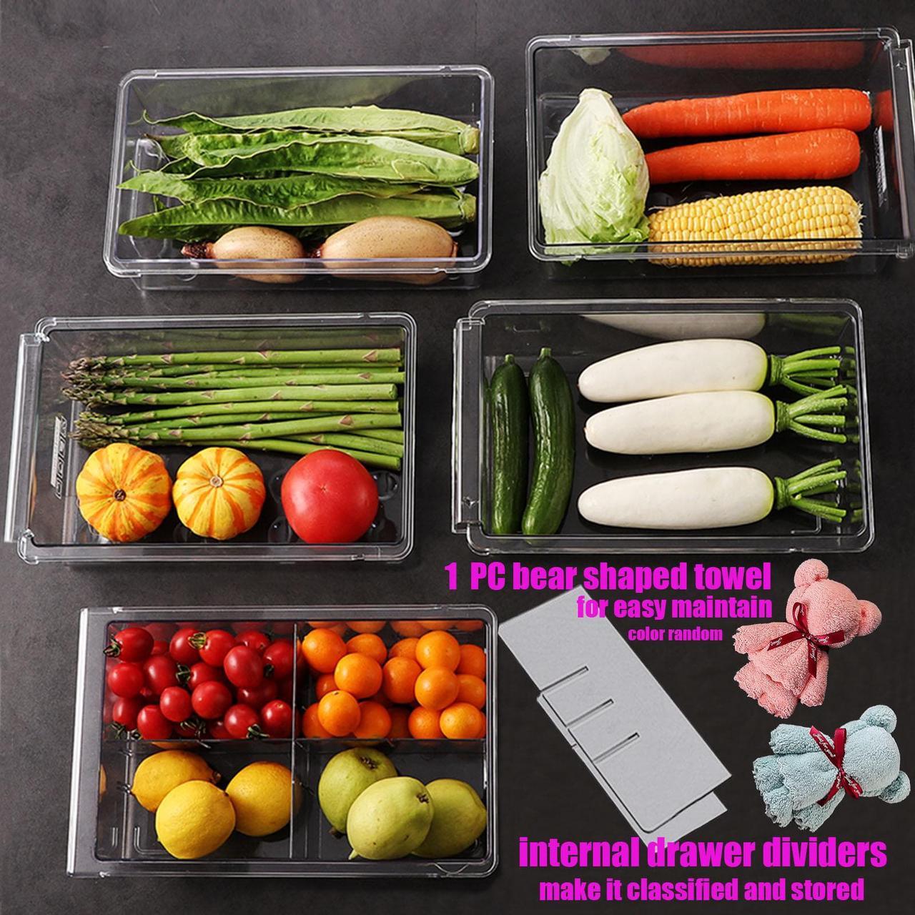 Alt view image 3 of 7 - Fridge Drawer Organizer, Refrigerator Organizer Bins , Pull-out Refrigerator Storage Drawer Bins, Refrigerator Storage Box Shelf Holder Vegetable Veggies Fruit Food Container with Handle Clear 2 Pack