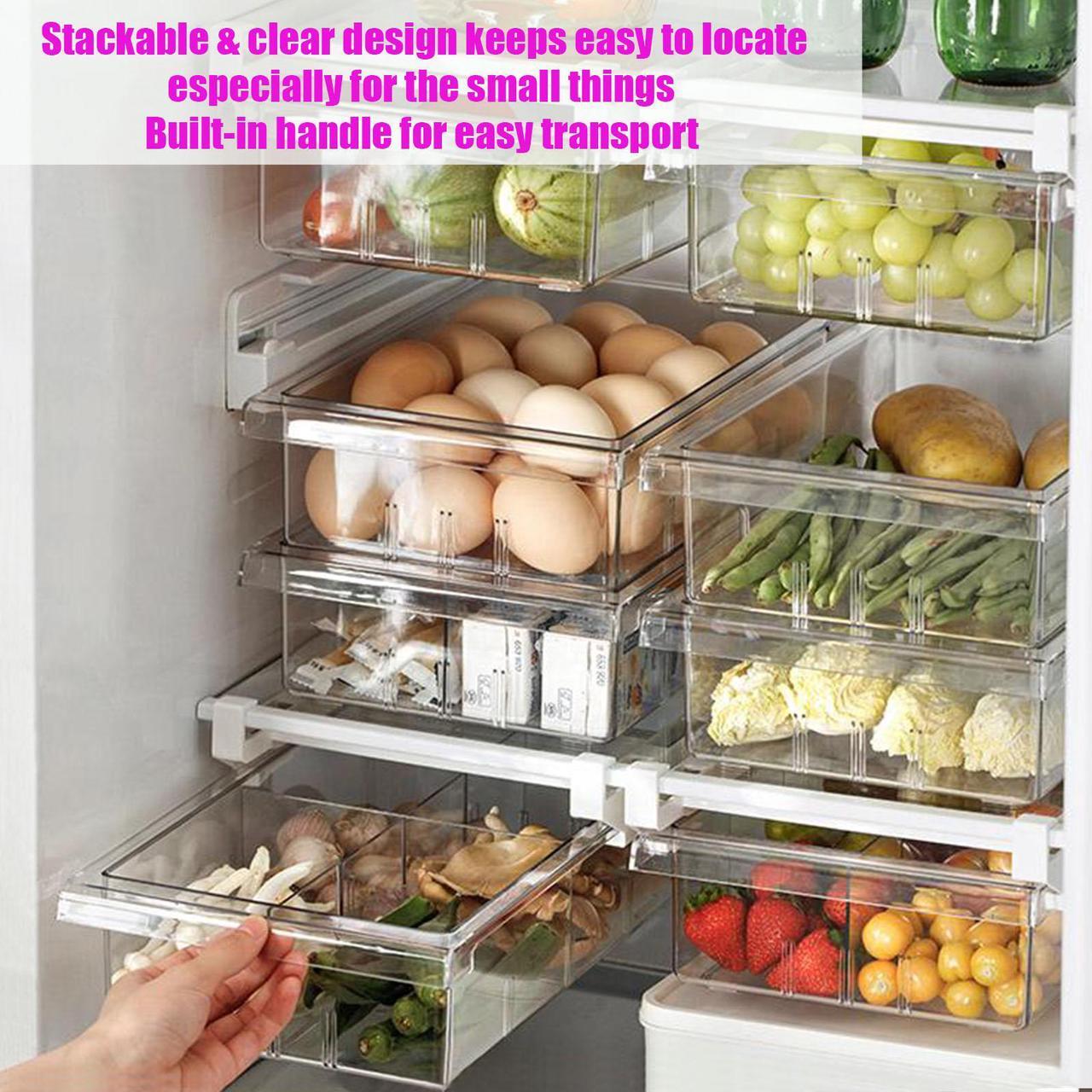 Alt view image 5 of 7 - Fridge Drawer Organizer, Refrigerator Organizer Bins , Pull-out Refrigerator Storage Drawer Bins, Refrigerator Storage Box Shelf Holder Vegetable Veggies Fruit Food Container with Handle Clear 2 Pack