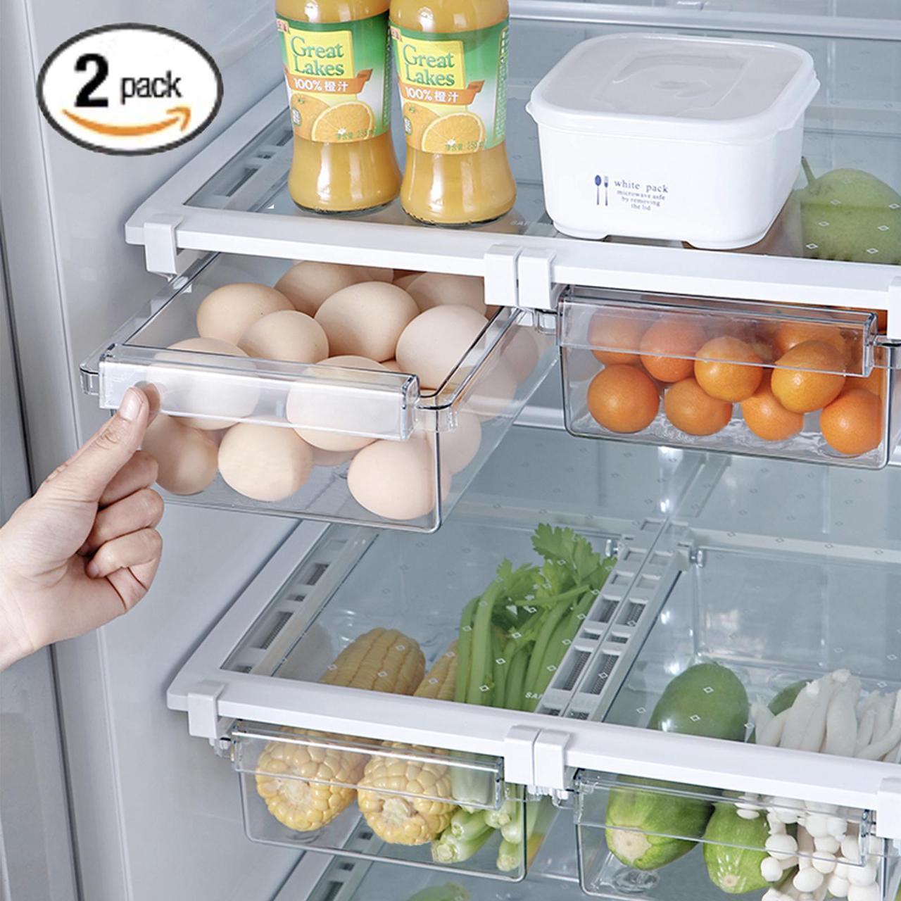 Main image of Fridge Drawer Organizer, Refrigerator Organizer Bins , Pull-out Refrigerator Storage Drawer Bins, Refrigerator Storage Box Shelf Holder Vegetable Veggies Fruit Food Container with Handle Clear 2 Pack