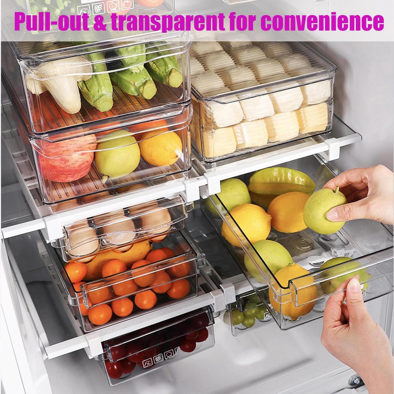 Alt view image 2 of 7 - Fridge Drawer Organizer, Refrigerator Organizer Bins , Pull-out Refrigerator Storage Drawer Bins, Refrigerator Storage Box Shelf Holder Vegetable Veggies Fruit Food Container with Handle Clear 2 Pack