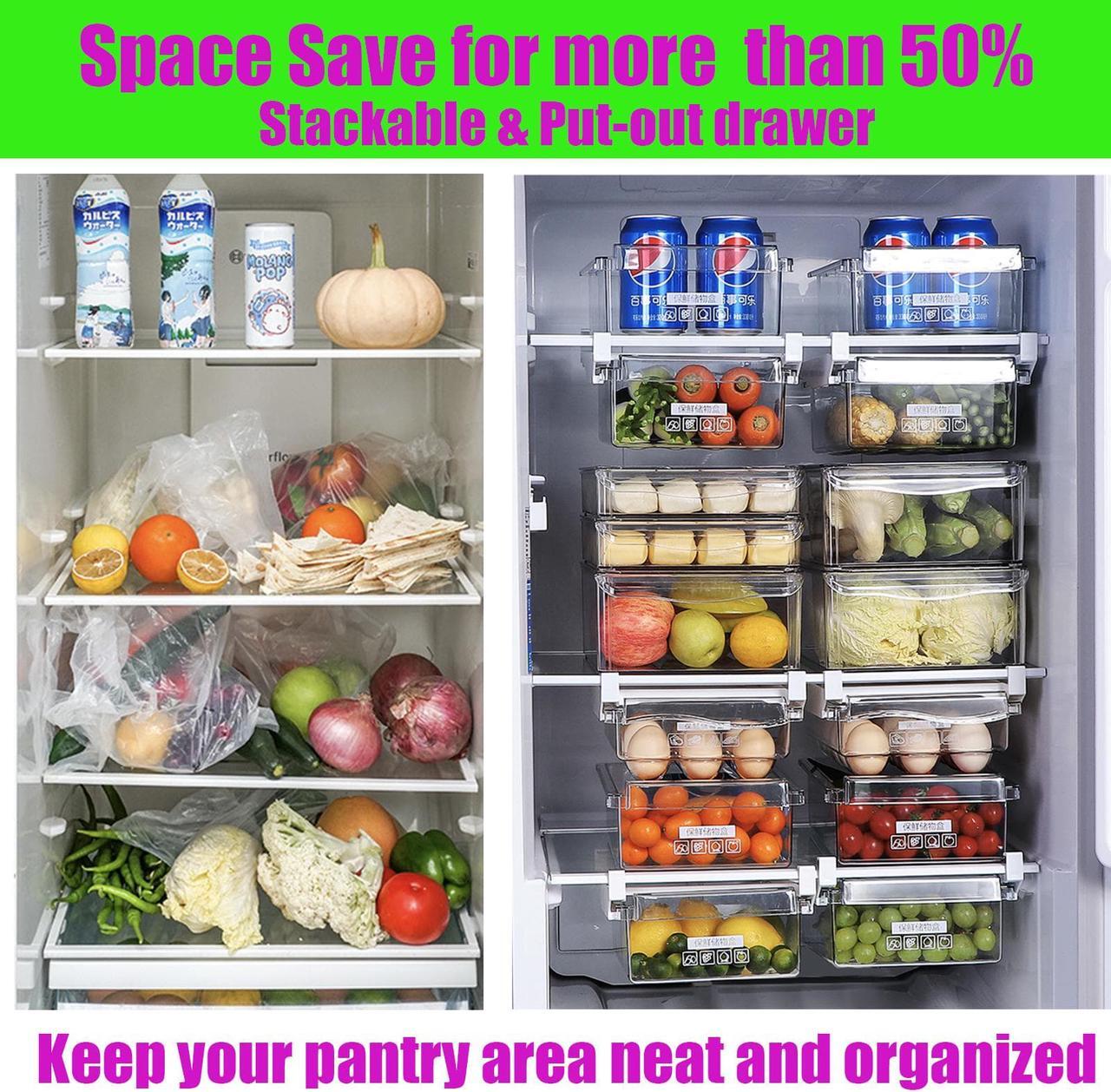 Alt view image 4 of 7 - Fridge Drawer Organizer, Refrigerator Organizer Bins , Pull-out Refrigerator Storage Drawer Bins, Refrigerator Storage Box Shelf Holder Vegetable Veggies Fruit Food Container with Handle Clear 2 Pack