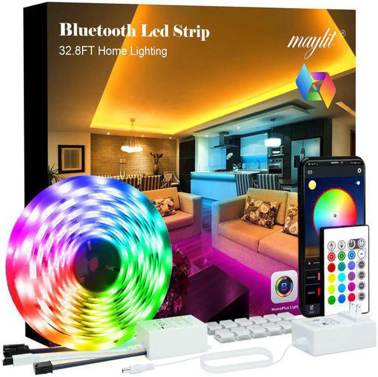 Main image of mayli Led Strip Lights,32.8ft Bluetooth APP Controller RGB LED Light Strip, 5050 LEDs Music Sync Color Changing LED Strip Lights Kit with Remote and 12V Power Supply for Bedroom, Room, Home Decoration