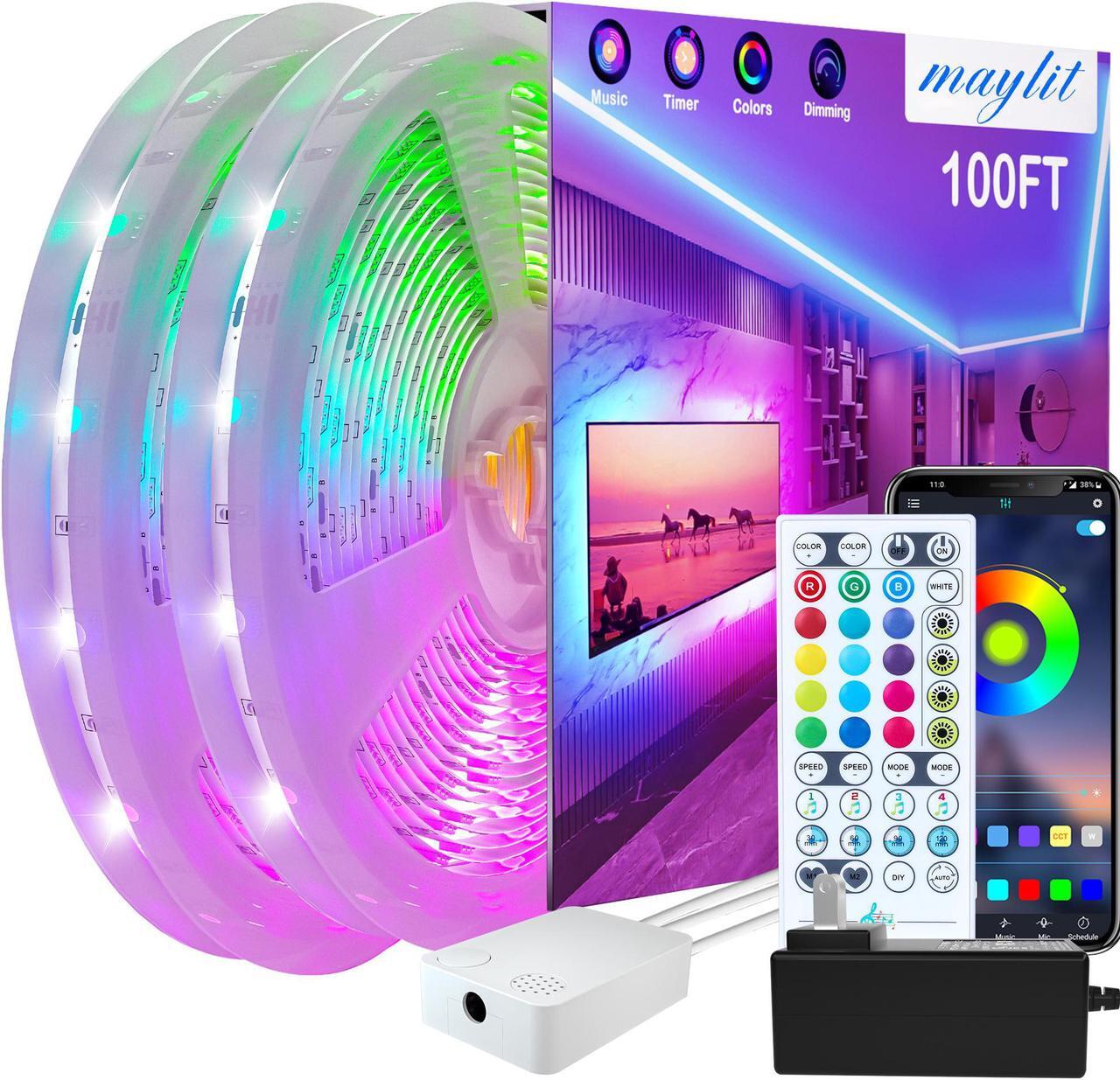 Main image of 100ft LED Strip Lights, Maylit Ultra Long Music Sync Timing LED Lights for Bedroom, Kitchen, Bar, Ceiling, Dorm Room Decor with APP and Remote Control, RGB Color Changing LED Light Strips