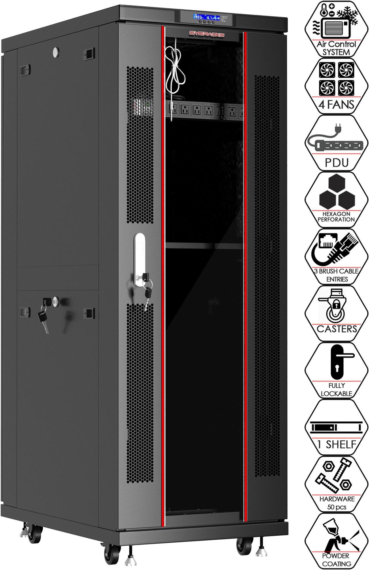 32U Free Standing Server Rack Cabinet Fits Most of Servers ACCESSORIES FREE Thermo Control System, 4 Fan Cooling, LCD SCREEN, Shelf, 8-Way PDU,  Fully Lockable 39" Deep Network IT Server Rack