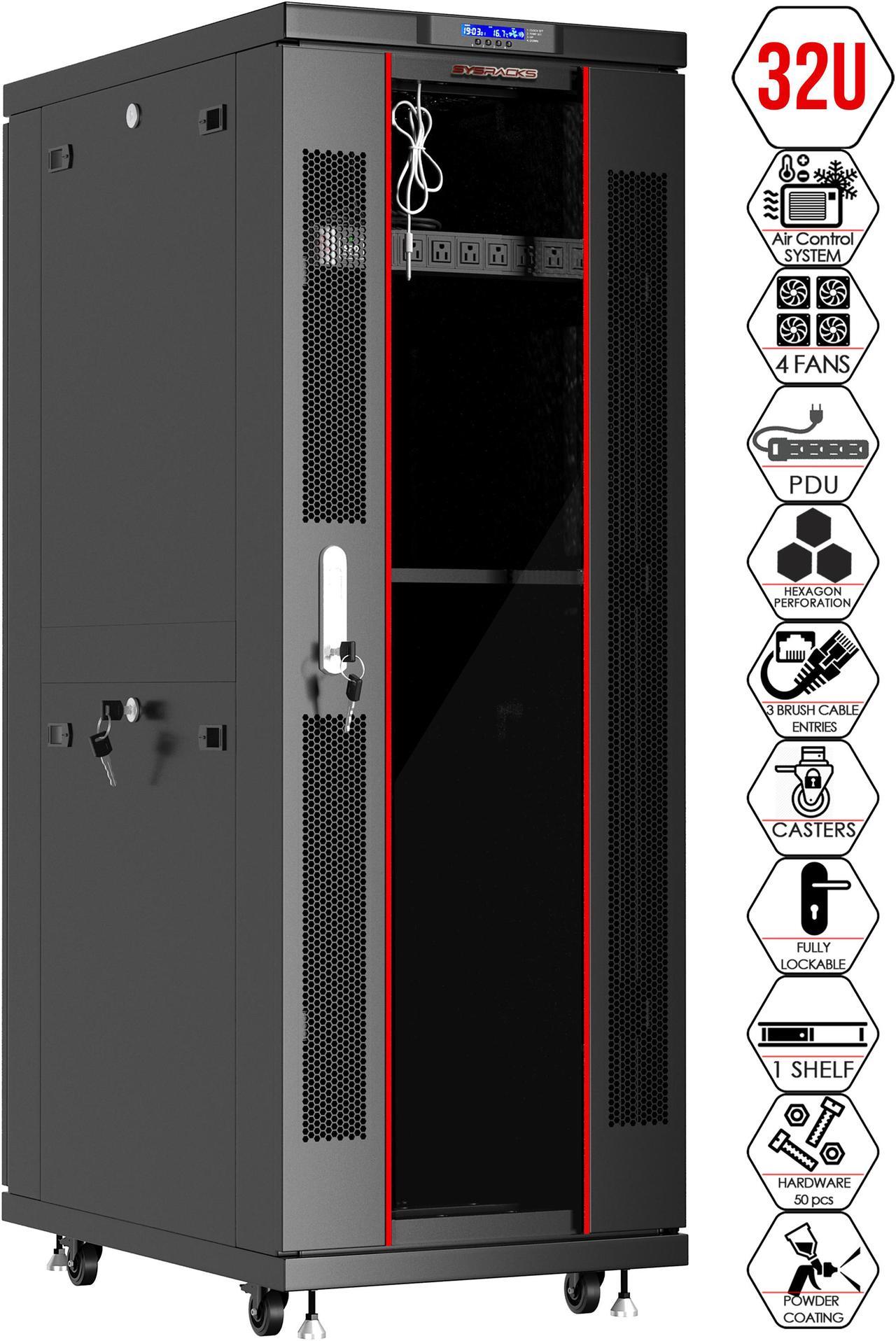 32U 39-inch Depth Server Rack Network Cabinet Standing IT Networking Enclosure on Wheels with Thermostat and Accessories - LCD-screen - 4 X Cooling Fans - Casters - Vented Shelf - Sensor