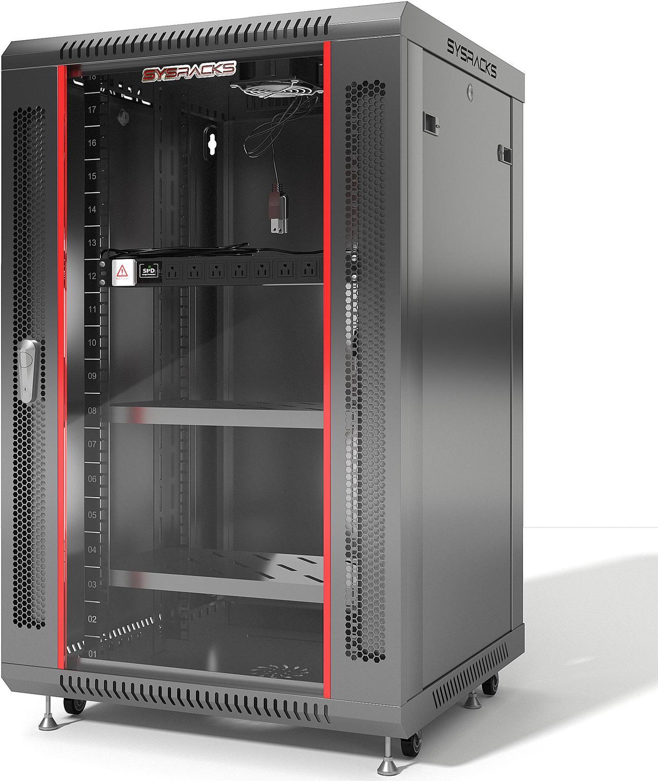 18U Server Rack Network Cabinet 24-inch Depth Standing Enclosed Locking Networking Enclosure on Wheels  - POWERSTRIP - CASTERS - 2 X SHELVES - DUST-PROOF CABLE ENTRIES - LOCKABLE - Sysracks