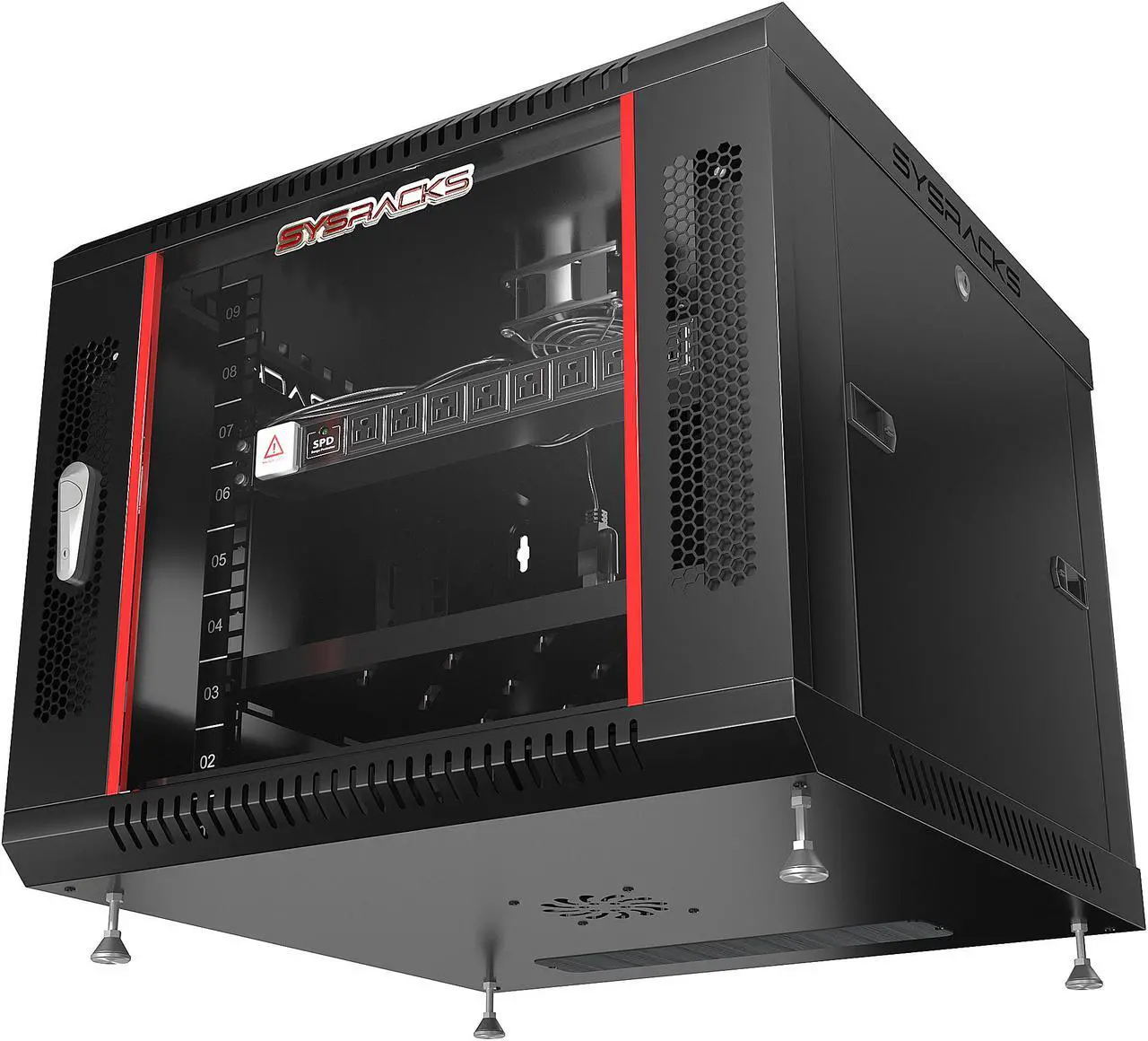 Alt view image 5 of 7 - 9U Wall Mount Server Cabinet Enclosure  Network Rack ACCESSORIES INCLUDED  Vented Shelf - Cooling Fan - Hardware- Feet - 24-Inch Depth -  Lockable Server Network IT 19" Enclosure Box