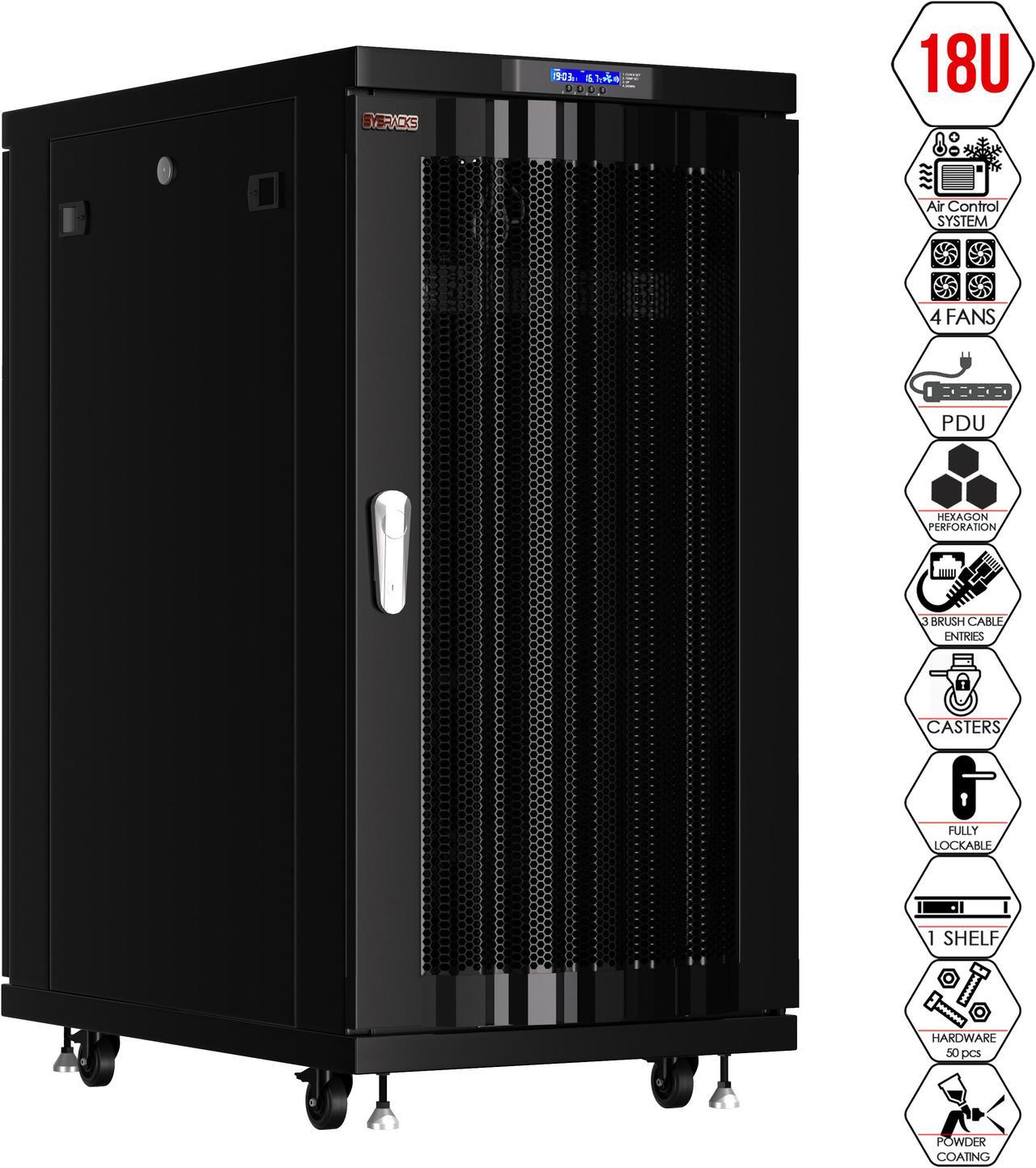 Sysracks 18U Server Rack Network Enclosure Data Cabinet Mesh Doors 39 inch - 1000 mm - Deep Server Rack - Thermosystem - 4 Cooling Fans - PDU - Shelf - Casters - Dust Tight Cable Entries - LCD Screen