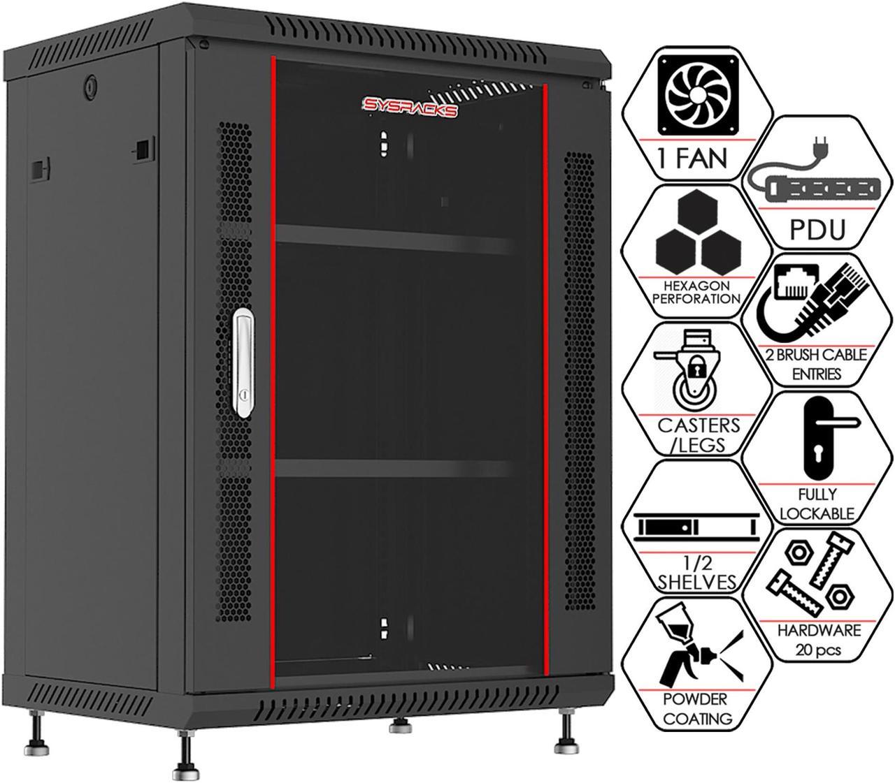 SYSRACKS 15U 24" Deep Wall Mount Server Cabinet Enclosure Rack with Glass Door and Free Accessories  Includes 4-Way PDU, Cooling Fan, Shelf, Feet, and Hardware