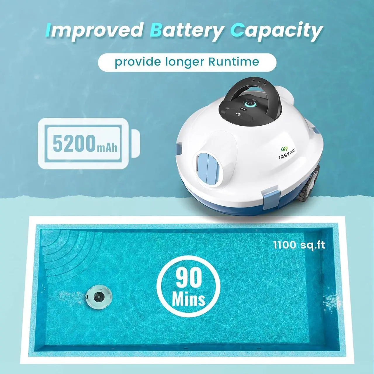 Alt view image 2 of 5 - TASVAC Automatic Cordless Robotic Pool Cleaner, 90 Mins Runtime