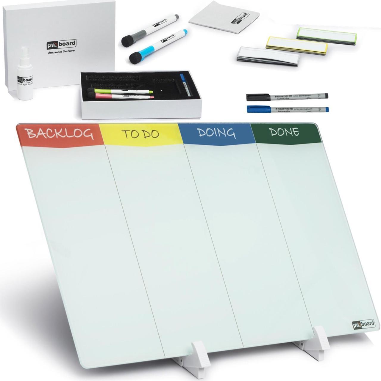 Double Sided Desktop Kanban WhiteBoard Set with Desk Stand. 18"x11", Dry Erase Glass Surface, 24 Reusable Kanban Cards, 6 Markers, Accessories. Portable Project Planning Desk WhiteBoard Kit