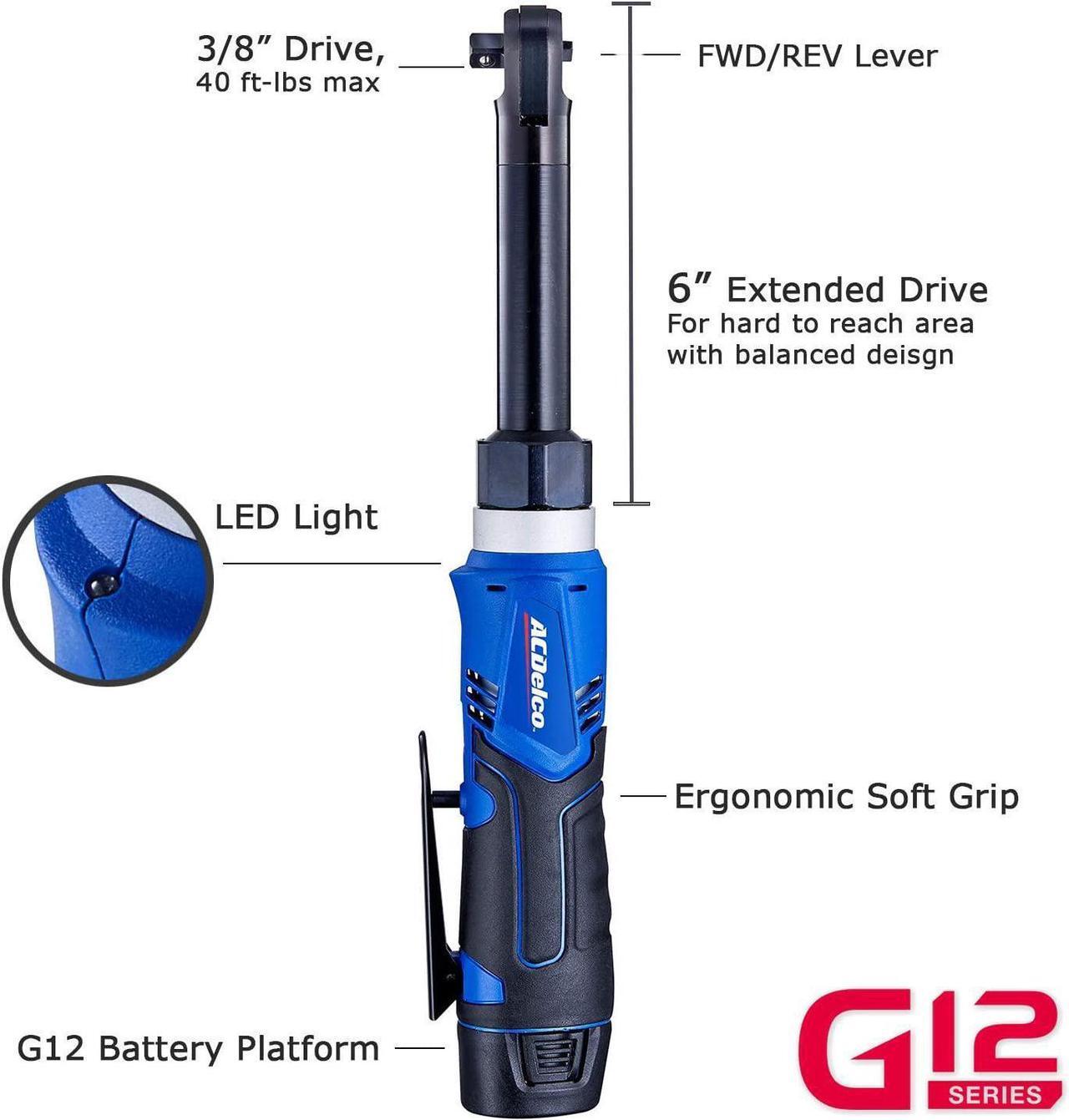 Alt view image 2 of 6 - ACDelco ARW1218-3P G12 Series 12V Li-ion Cordless 3/8 40 ft-lbs. Extended Ratchet Wrench Tool Kit
