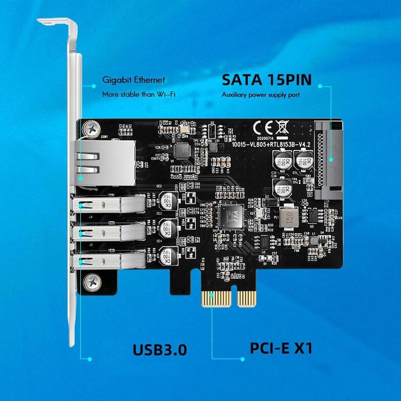 MAIWO 3 Port USB3.0 Expansion Card PCIE X1 To 5GBPS Hub Docking Station RJ45 Gigabit Ethernet 1000Mbps Desktop Adapter Converter