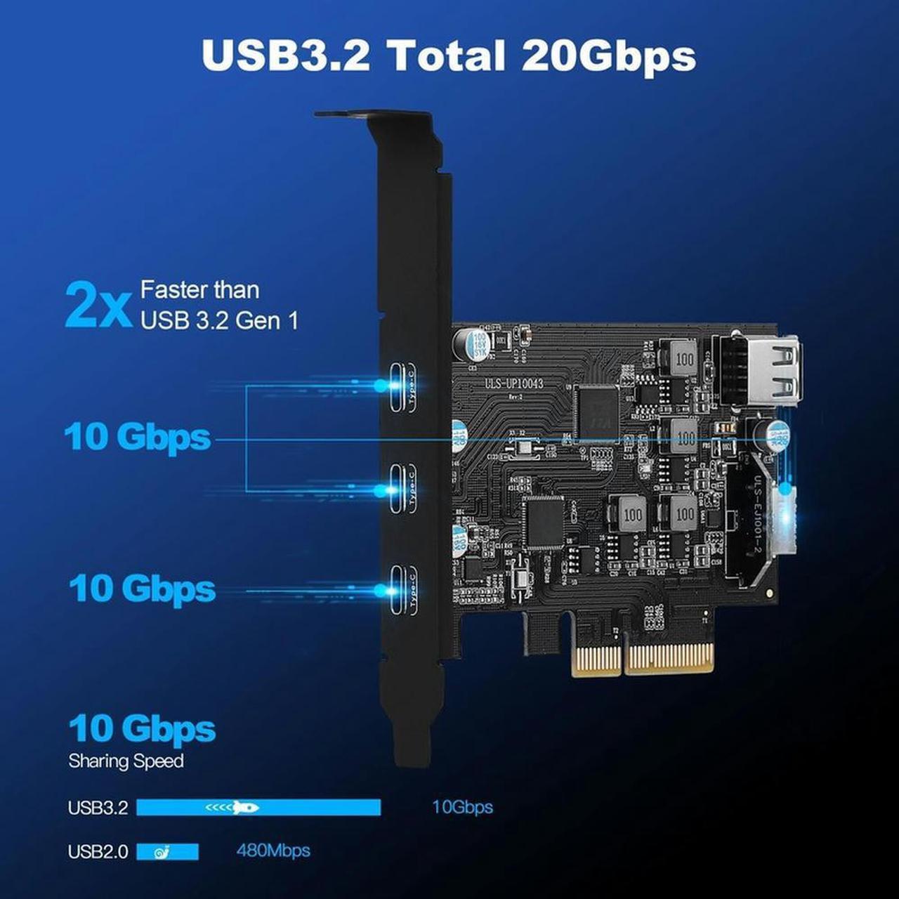 High Speed 20Gbps PCIE X4 To 3 USB 3.2 TYPE-C With Internal USB2.0+TYPE-E Expansion Card