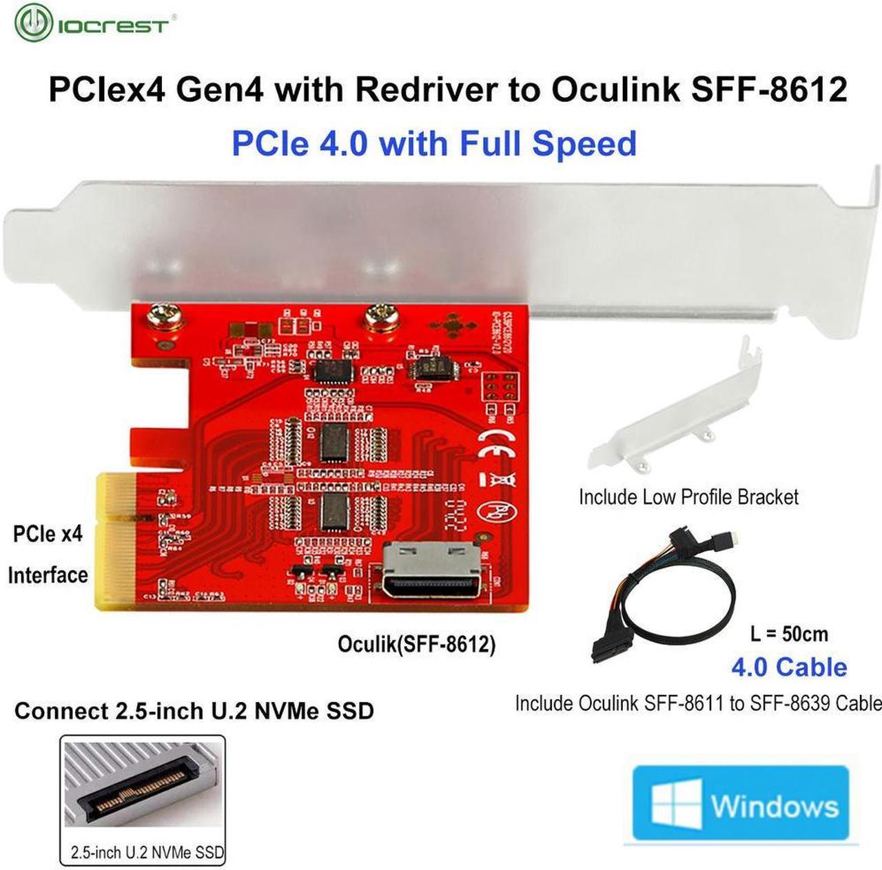 IOCREST PCIe 4.0 x4 Gen4 with Redriver to Oculink 4i SFF-8612 Add-in Card Adapter Full Speed Connect 2.5'' U.2 NVMe SSD