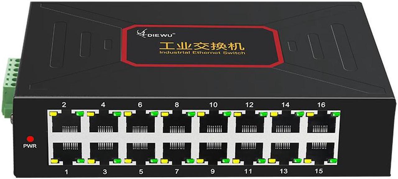 DIEWU 16 Ports Industrial Ethernet Switches 10/100Mbps DIN Rail Type RJ45 Network Switch metal case Support DC 12~58V