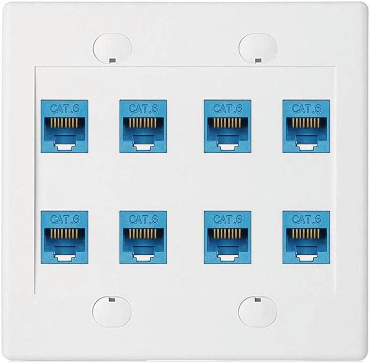 Ethernet Wall Plate 8 Port - Double Gang Cat6 RJ45 Keystone Jack Network Cable Faceplate Female to Female - Blue