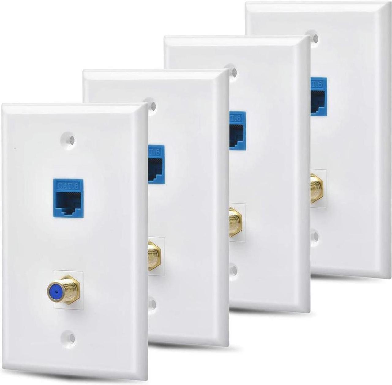 4 Packs Ethernet Coax Wall Plate Outlet with 1 Cat6 Keystone Port and 1 Gold-Plated Coax F Type Port RJ45 Wall Plates