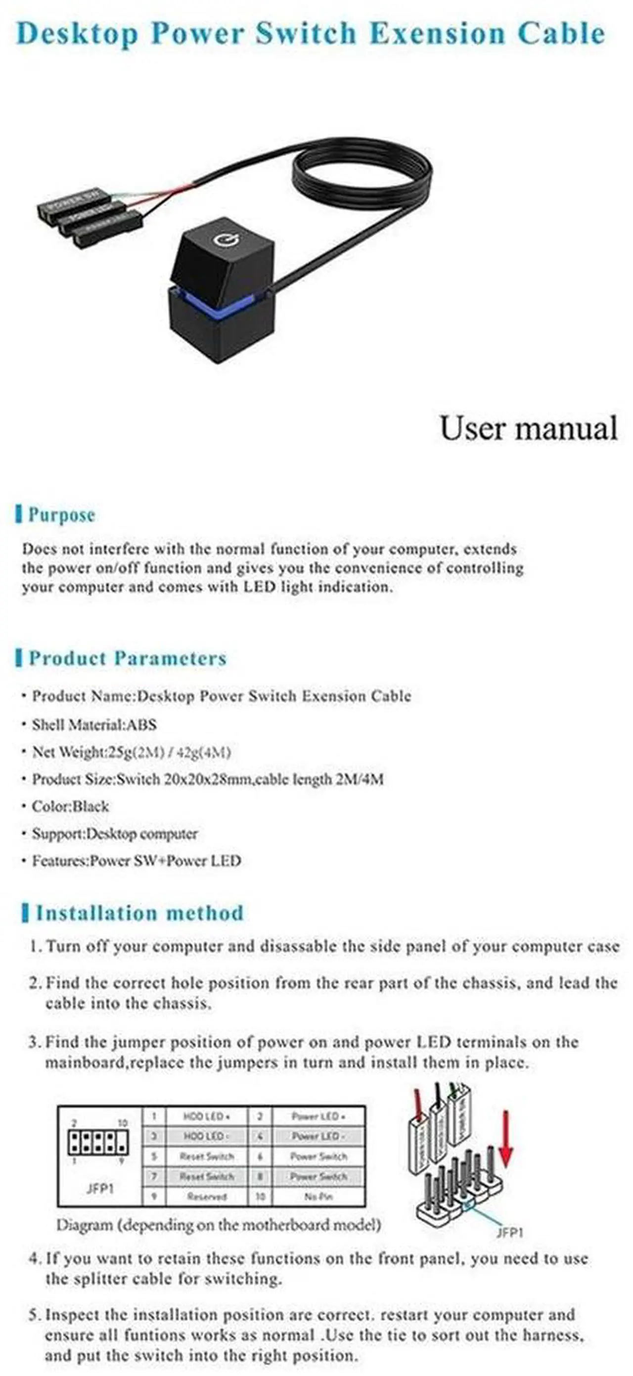 Main image of Computer Desktop Switch Colorful LED PC Motherboard External Start Power on/Off Button Extension Cable for Office A-AB01