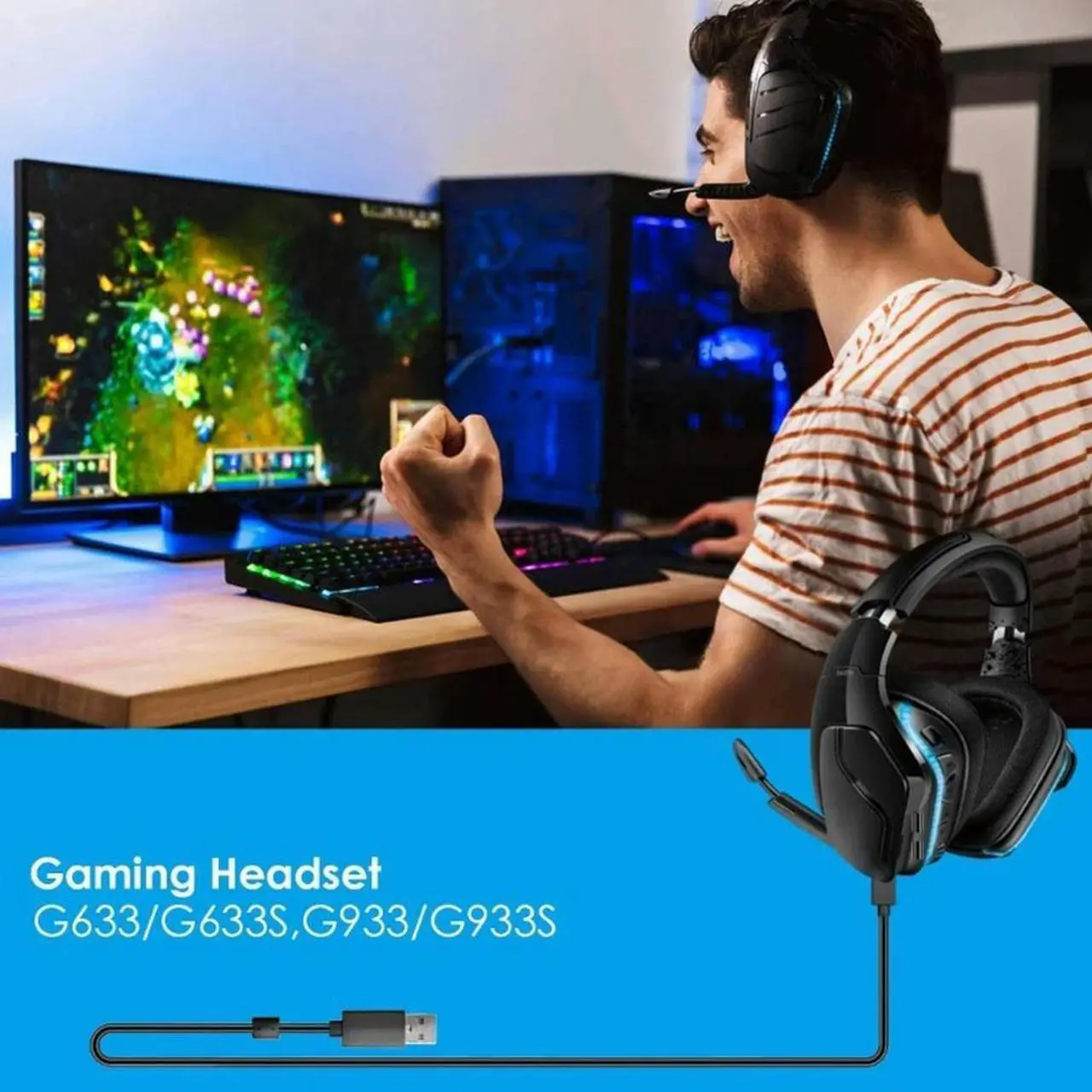 Alt view image 2 of 4 - Replacement USB Charging Data Cable Extension Cord forG635 G633 G933 G935 G633S G933S Headsets