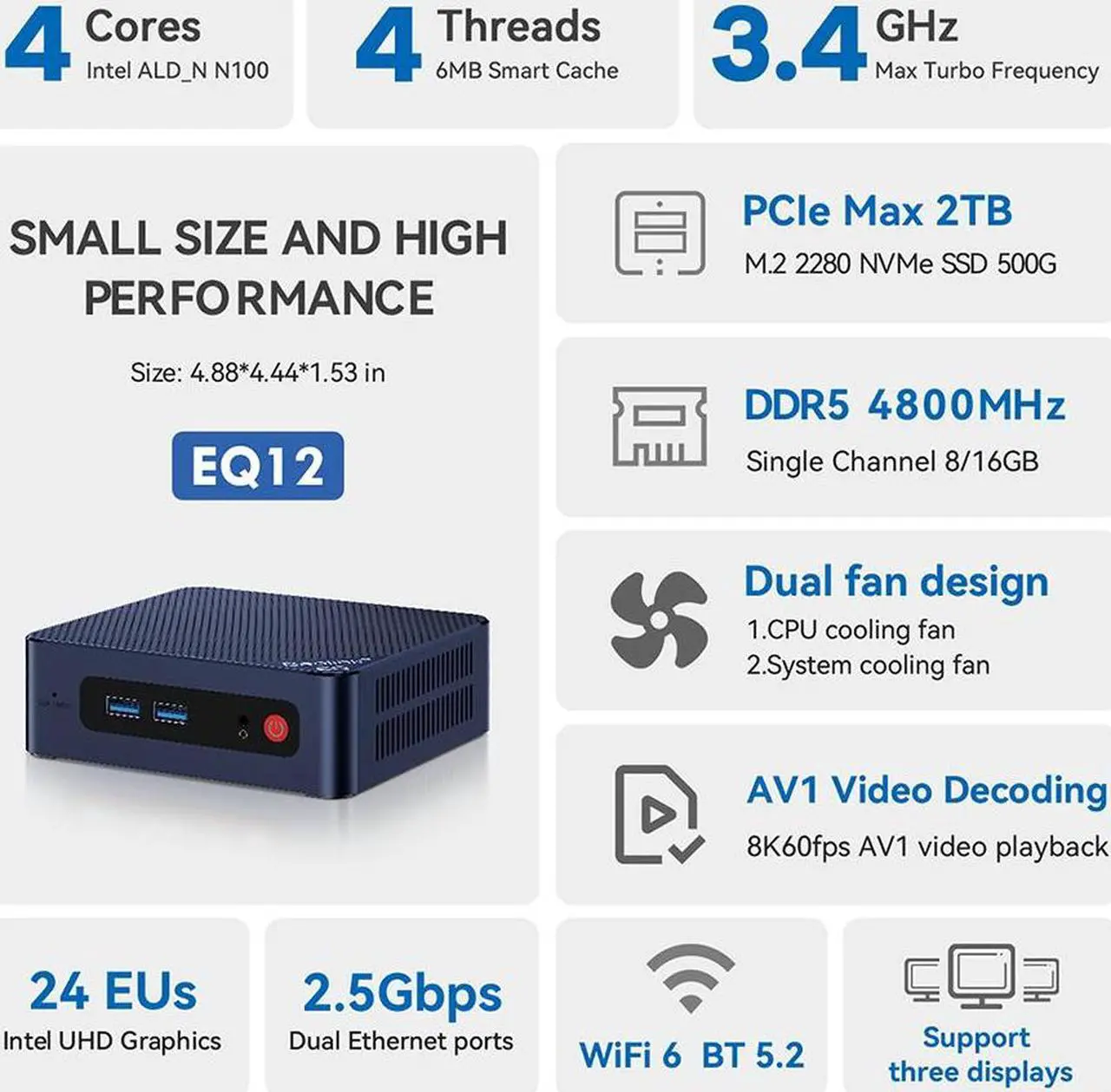 Alt view image 2 of 7 - Beelink Mini PC EQ12, Intel 12th N100 (up to 3.40GHz) Gen 4 Cores,RAM-16GB SSD-500GB DDR5 Triple 4K Display Dual 2.5Gbps WiFi6 Bluetooth5.2