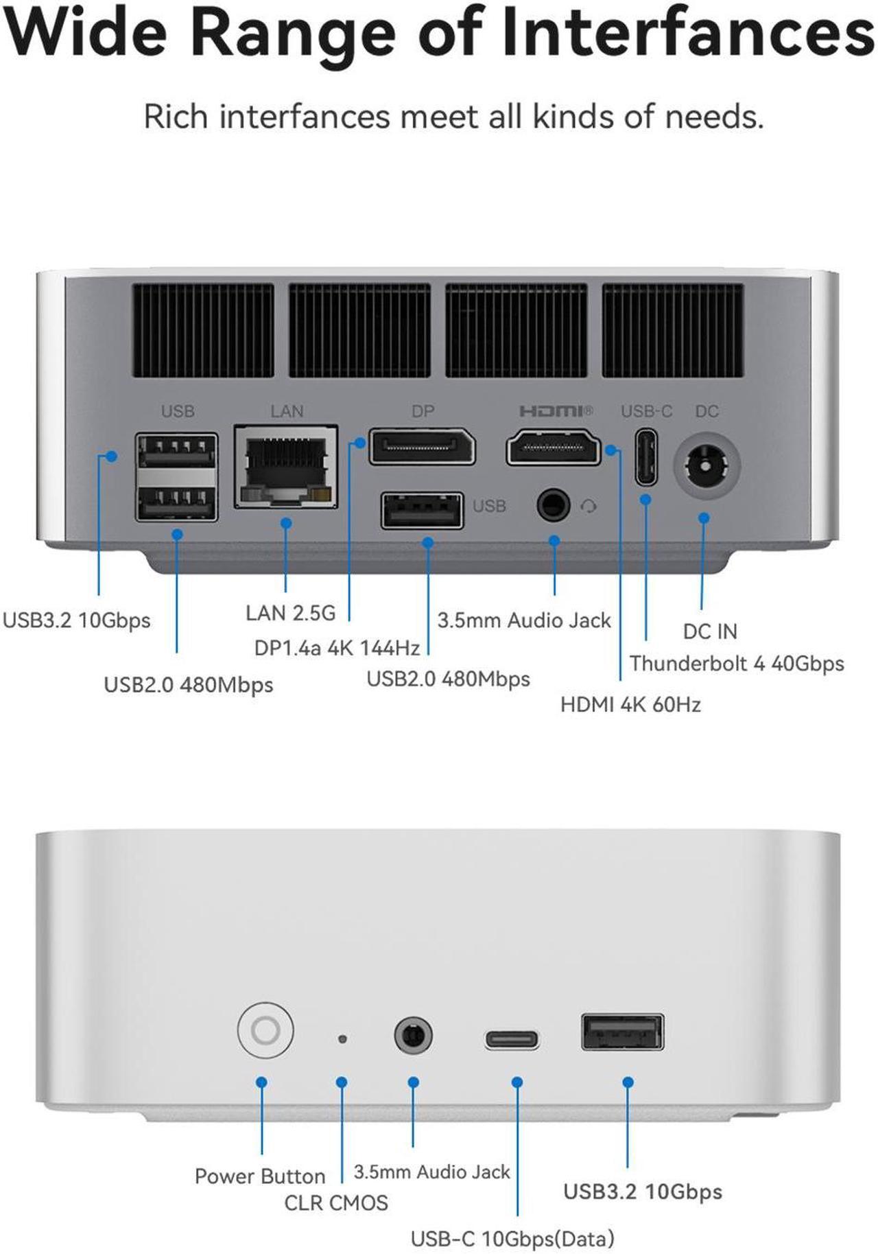 Alt view image 6 of 7 - Beelink Mini PC SEi14, Intel Core Ultra 5 125H(up to 4.5GHz), RAM-32GB SSD-1TB, DDR5 5600MHz, WiFi6 Bluetooth5.2, Mini PC Gaming Office Home, DP HDMI PC Gray