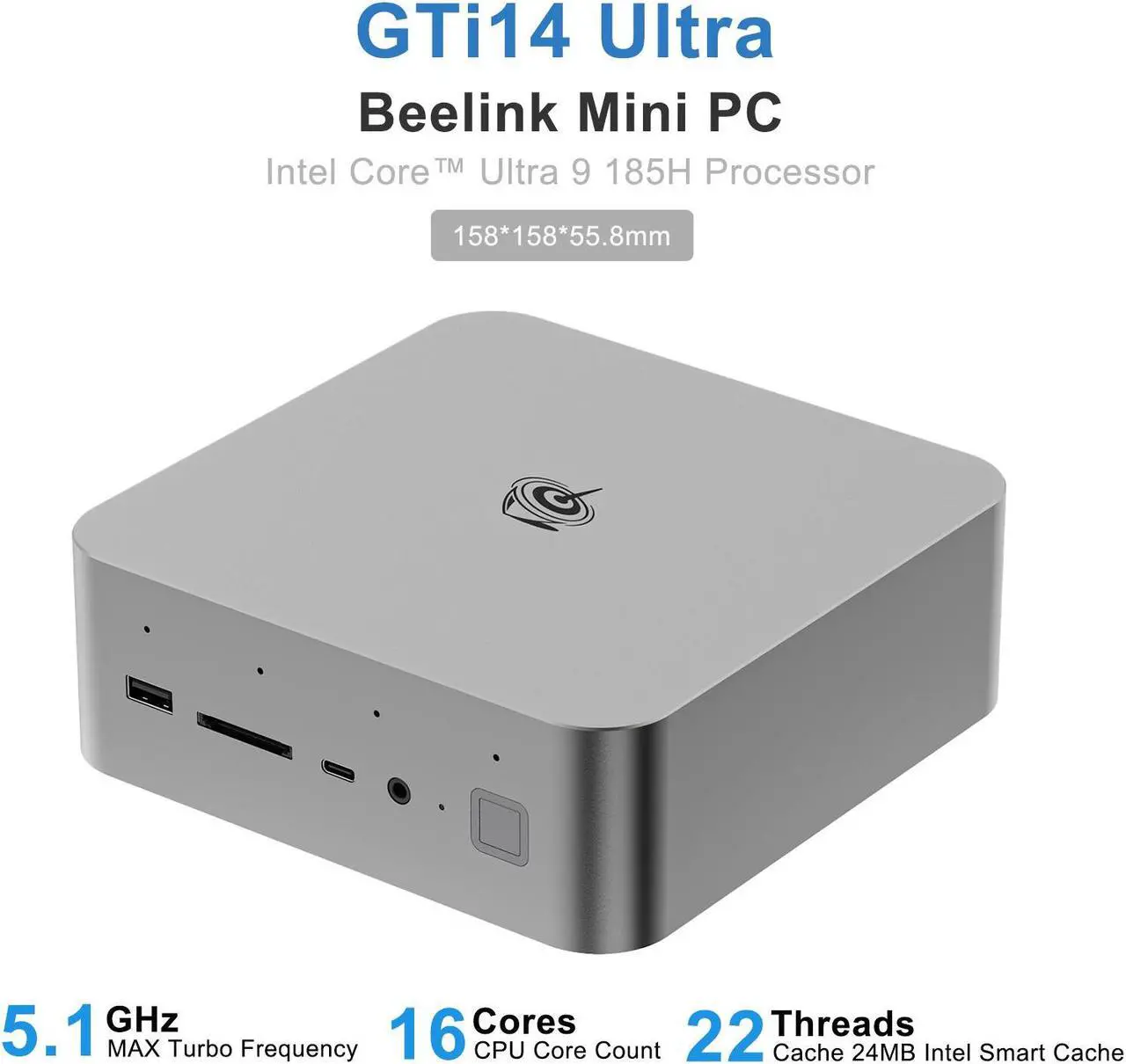 Main image of Beelink Mini PC GTi14 Ultra, Intel Core Ultra 9 185H(up to 5.1GHz), RAM-32GB SSD-1TB, DDR5 5600MHz, WiFi6 Bluetooth5.2, Mini PC Gaming Office Home, DP HDMI PC Gray