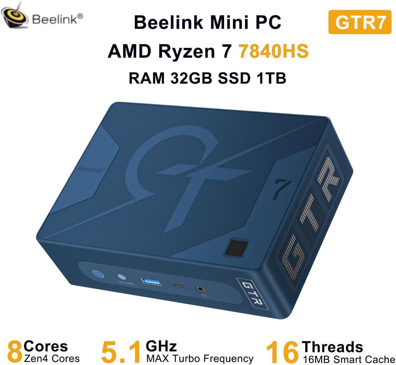 Beelink Mini PC GTR7, AMD Ryzen 7 7840HS (up to 5.1GHz), RAM-32GB SSD-1TB, DDR5 5600MHz, WiFi6 Bluetooth5.2, Mini PC Gaming Office Home, DP HDMI PC Blue